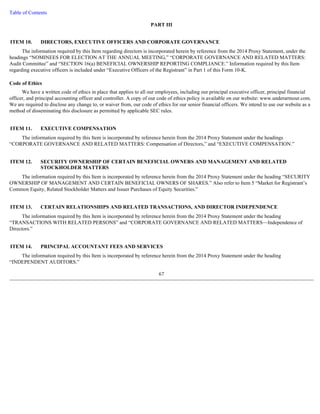 Table of Contents 
PART III 
ITEM 10. DIRECTORS, EXECUTIVE OFFICERS AND CORPORATE GOVERNANCE 
The information required by this Item regarding directors is incorporated herein by reference from the 2014 Proxy Statement, under the 
headings “NOMINEES FOR ELECTION AT THE ANNUAL MEETING,” “CORPORATE GOVERNANCE AND RELATED MATTERS: 
Audit Committee” and “SECTION 16(a) BENEFICIAL OWNERSHIP REPORTING COMPLIANCE.” Information required by this Item 
regarding executive officers is included under “Executive Officers of the Registrant” in Part 1 of this Form 10-K. 
Code of Ethics 
We have a written code of ethics in place that applies to all our employees, including our principal executive officer, principal financial 
officer, and principal accounting officer and controller. A copy of our code of ethics policy is available on our website: www.underarmour.com. 
We are required to disclose any change to, or waiver from, our code of ethics for our senior financial officers. We intend to use our website as a 
method of disseminating this disclosure as permitted by applicable SEC rules. 
The information required by this Item is incorporated by reference herein from the 2014 Proxy Statement under the headings 
“CORPORATE GOVERNANCE AND RELATED MATTERS: Compensation of Directors,” and “EXECUTIVE COMPENSATION.” 
The information required by this Item is incorporated by reference herein from the 2014 Proxy Statement under the heading “SECURITY 
OWNERSHIP OF MANAGEMENT AND CERTAIN BENEFICIAL OWNERS OF SHARES.” Also refer to Item 5 “Market for Registrant’s 
Common Equity, Related Stockholder Matters and Issuer Purchases of Equity Securities.” 
The information required by this Item is incorporated by reference herein from the 2014 Proxy Statement under the heading 
“TRANSACTIONS WITH RELATED PERSONS” and “CORPORATE GOVERNANCE AND RELATED MATTERS—Independence of 
Directors.” 
The information required by this Item is incorporated by reference herein from the 2014 Proxy Statement under the heading 
“INDEPENDENT AUDITORS.” 
67 
ITEM 11. EXECUTIVE COMPENSATION 
ITEM 12. SECURITY OWNERSHIP OF CERTAIN BENEFICIAL OWNERS AND MANAGEMENT AND RELATED 
STOCKHOLDER MATTERS 
ITEM 13. CERTAIN RELATIONSHIPS AND RELATED TRANSACTIONS, AND DIRECTOR INDEPENDENCE 
ITEM 14. PRINCIPAL ACCOUNTANT FEES AND SERVICES 
 