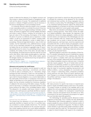 100 Operating and financial review
Critical accounting estimates
quarter to determine the adequacy of our litigation provisions and
may increase or release provisions based on management’s judg-
ment and the advice of counsel. The establishment of additional
provisions or releases of litigation provisions may be necessary in
the future as developments in such proceedings warrant.
It is inherently difficult to determine whether a loss is probable
or even reasonably possible or to estimate the amount of any loss
or loss range for many of our legal proceedings. Estimates, by their
nature, are based on judgment and currently available information
and involve a variety of factors, including, but not limited to, the
type and nature of the proceeding, the progress of the matter,
the advice of counsel, our defenses and our experience in similar
matters, as well as our assessment of matters, including settle-
ments, involving other defendants in similar or related cases or
proceedings. Factual and legal determinations, many of which are
complex, must be made before a loss, additional losses or ranges
of loss can be reasonably estimated for any proceeding. We do
not believe that we can estimate an aggregate range of reason-
ably possible losses for certain of our proceedings because of their
complexity, the novelty of some of the claims, the early stage of
the proceedings, the limited amount of discovery that has occurred
and/or other factors. Most matters pending against us seek dam-
ages of an indeterminate amount. While certain matters specify
the damages claimed, such claimed amount may not represent our
reasonably possible losses.
u 	Refer to “Note 39 – Litigation” in V – Consolidated financial statements –
Credit Suisse Group for further information on legal proceedings.
Allowance and provision for credit losses
As a normal part of our business, we are exposed to credit risk
through our lending relationships, commitments and letters
of credit as well as counterparty risk on q derivatives, foreign
exchange and other transactions. Credit risk is the possibility of a
loss being incurred as a result of a borrower or counterparty fail-
ing to meet its financial obligations or as a result of deterioration in
the credit quality of the borrower or counterparty. In the event of a
default, we generally incur a loss equal to the amount owed by the
debtor, less any recoveries resulting from foreclosure, liquidation
of collateral or the restructuring of the debtor company. The allow-
ance for loan losses is considered a reasonable estimate of credit
losses existing at the dates of the consolidated balance sheets.
This allowance is for probable credit losses inherent in existing
exposures and credit exposures specifically identified as impaired.
u 	Refer to “Note 1 – Summary of significant accounting policies” and “Note 19 –
Loans, allowance for loan losses and credit quality” in V – Consolidated financial
statements – Credit Suisse Group for further information on allowance for loan
losses.
Inherent loan loss allowance
The inherent loan loss allowance is for all credit exposures not
specifically identified as impaired and that, on a portfolio basis,
are considered to contain probable inherent loss. The estimate
of this component of the allowance for the consumer loans port-
folio involves applying historical and current default probabilities,
historical recovery experience and related current assumptions to
homogenous loans based on internal risk rating and product type.
To estimate this component of the allowance for the corporate
and institutional loans portfolio, the Group segregates loans by
risk, industry or country rating. The methodology for loan portfolios
in our investment banking businesses adjusts the rating-specific
default probabilities to incorporate not only historic third-party data
but also those implied from current quoted credit spreads.
Many factors are evaluated in estimating probable credit losses
inherent in existing exposures. These factors include: the volatil-
ity of default probabilities; rating changes; the magnitude of the
potential loss; internal risk ratings; geographic, industry and other
economic factors; and imprecision in the methodologies and mod-
els used to estimate credit risk. Overall credit risk indicators are
also considered, such as trends in internal risk-rated exposures,
classified exposures, cash-basis loans, recent loss experience and
forecasted write-offs, as well as industry and geographic concen-
trations and current developments within those segments or loca-
tions. Our current business strategy and credit process, including
credit approvals and limits, underwriting criteria and workout pro-
cedures, are also important factors.
Significant judgment is exercised in the evaluation of these fac-
tors. For example, estimating the amount of potential loss requires
an assessment of the period of the underlying data. Data that
does not capture a complete credit cycle may compromise the
accuracy of loss estimates. Determining which external data relat-
ing to default probabilities should be used and when it should be
used also requires judgment. The use of market indices and rat-
ings that do not sufficiently correlate to our specific exposure char-
acteristics could also affect the accuracy of loss estimates. Evalu-
ating the impact of uncertainties regarding macroeconomic and
political conditions, currency devaluations on cross-border expo-
sures, changes in underwriting criteria, unexpected correlations
among exposures and other factors all require significant judg-
ment. Changes in our estimates of probable loan losses inherent in
the portfolio could have an impact on the provision and result in a
change in the allowance.
Specific loan loss allowances
We make provisions for specific loan losses on impaired loans
based on regular and detailed analysis of each loan in the portfolio.
This analysis includes an estimate of the realizable value of any
collateral, the costs associated with obtaining repayment and real-
ization of any such collateral, the counterparty’s overall financial
condition, resources and payment record, the extent of our other
commitments to the same counterparty and prospects for support
from any financially responsible guarantors.
The methodology for calculating specific allowances involves
judgments at many levels. First, it involves the early identification
of deteriorating credit. Extensive judgment is required in order to
properly evaluate the various indicators of the financial condition of
a counterparty and likelihood of repayment. The failure to identify
certain indicators or give them proper weight could lead to a differ-
ent conclusion about the credit risk. The assessment of credit risk
is subject to inherent limitations with respect to the completeness
﻿
﻿
 