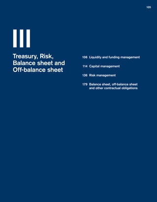 105
IIITreasury, Risk,
Balance sheet and
Off-balance sheet
	106	 Liquidity and funding management
	114	 Capital management
	136	 Risk management
	179	 Balance sheet, off-balance sheet
and other contractual obligations
﻿
﻿
 
