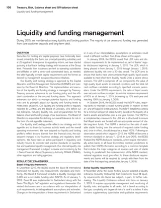 106
Liquidity and funding management
During 2015, we maintained a strong liquidity and funding position. The majority of our unsecured funding was generated
from core customer deposits and long-term debt.
OVERVIEW
Securities for funding and capital purposes have historically been
issued primarily by the Bank, our principal operating subsidiary and
a US registrant. In response to regulatory reform, we have started
pursuing a dual track funding strategy with issuances at the Group
level. Proceeds from issuances are lent to operating subsidiaries
and affiliates on both a senior and subordinated basis, as needed;
the latter typically to meet capital requirements and the former as
desired by management to support business initiatives.
Our liquidity and funding strategy is approved by the Capital
Allocation and Risk Management Committee (CARMC) and over-
seen by the Board of Directors. The implementation and execu-
tion of the liquidity and funding strategy is managed by Treasury.
Treasury ensures adherence to our funding policy and the effi-
cient coordination of the secured funding desks. This approach
enhances our ability to manage potential liquidity and funding
risks and to promptly adjust our liquidity and funding levels to
meet stress situations. Our liquidity and funding profile is regularly
reported to CARMC and the Board of Directors, who define our
risk tolerance, including liquidity risk, and set parameters for the
balance sheet and funding usage of our businesses. The Board of
Directors is responsible for defining our overall tolerance for risk in
the form of a risk appetite statement.
Our liquidity and funding profile reflects our strategy and risk
appetite and is driven by business activity levels and the overall
operating environment. We have adapted our liquidity and funding
profile to reflect lessons learned from the financial crisis, the sub-
sequent changes in our business strategy and regulatory devel-
opments. We have been an active participant in regulatory and
industry forums to promote best practice standards on quantita-
tive and qualitative liquidity management. Our internal liquidity risk
management framework is subject to review and monitoring by the
qSwiss Financial Market Supervisory Authority FINMA (FINMA),
other regulators and rating agencies.
REGULATORY FRAMEWORK
Basel III liquidity framework
In December 2010, the BCBS issued the Basel III international
framework for liquidity risk measurement, standards and moni-
toring. The Basel III framework includes a liquidity coverage ratio
(LCR) and a net stable funding ratio (NSFR). As of January 1,
2013, Basel III was implemented in Switzerland along with the
Swiss “Too Big to Fail” legislation and regulations thereunder. Our
related disclosures are in accordance with our interpretation of
such requirements, including relevant assumptions and estimates.
Changes in the interpretation of these requirements in Switzerland
or in any of our interpretations, assumptions or estimates could
result in different numbers from those shown in this report.
In January 2014, the BCBS issued final LCR rules and dis-
closure requirements to be implemented as part of banks’ regu-
lar disclosures beginning in January 1, 2015. The LCR, which is
being phased in from January 1, 2015 through January 1, 2019,
addresses liquidity risk over a 30-day period. The LCR aims to
ensure that banks have unencumbered high-quality liquid assets
available to meet short-term liquidity needs under a severe stress
scenario. The LCR is comprised of two components, the value of
high-quality liquid assets in stressed conditions and the total net
cash outflows calculated according to specified scenario param-
eters. Under the BCBS requirements, the ratio of liquid assets
over net cash outflows is subject to an initial minimum requirement
of 60% as of January 1, 2015, increasing by 10% each year and
reaching 100% by January 1, 2019.
In October 2014, the BCBS issued final NSFR rules, requir-
ing banks to maintain a stable funding profile in relation to their
on- and off-balance sheet activities. The NSFR establishes criteria
for a minimum amount of stable funding based on the liquidity of a
bank’s assets and activities over a one-year horizon. The NSFR is
a complementary measure to the LCR and is structured to ensure
that illiquid assets are funded with an appropriate amount of sta-
ble long-term funds. The NSFR is defined as the ratio of avail-
able stable funding over the amount of required stable funding
and, once in effect, should always be at least 100%. Following an
observation period which began in 2012, the NSFR will become a
minimum standard on January 1, 2018. In June 2015, the BCBS
finalized the NSFR disclosure standards, which require internation-
ally active banks in all Basel Committee member jurisdictions to
publish their NSFR information according to a common template
that includes the major categories of sources and uses of stable
funding. In parallel with the implementation of the NSFR standard,
national regulators must give effect to these disclosure require-
ments and banks will be required to comply with them from the
date of the first reporting period after January 1, 2018.
Swiss liquidity requirements
In November 2012, the Swiss Federal Council adopted a liquidity
ordinance (Liquidity Ordinance) that implements Basel III liquid-
ity requirements into Swiss law subject, in part, to further rule-
making. The Liquidity Ordinance entered into force on January
1, 2013. It requires appropriate management and monitoring of
liquidity risks, and applies to all banks, but is tiered according to
the type, complexity and degree of risk of a bank’s activities. It also
contains supplementary quantitative and qualitative requirements
Treasury, Risk, Balance sheet and Off-balance sheet
Liquidity and funding management
﻿
﻿
 