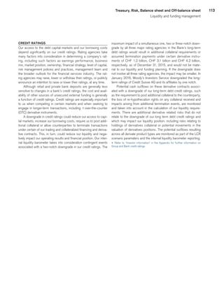 113Treasury, Risk, Balance sheet and Off-balance sheet
Liquidity and funding management
CREDIT RATINGS
Our access to the debt capital markets and our borrowing costs
depend significantly on our credit ratings. Rating agencies take
many factors into consideration in determining a company’s rat-
ing, including such factors as earnings performance, business
mix, market position, ownership, financial strategy, level of capital,
risk management policies and practices, management team and
the broader outlook for the financial services industry. The rat-
ing agencies may raise, lower or withdraw their ratings, or publicly
announce an intention to raise or lower their ratings, at any time.
Although retail and private bank deposits are generally less
sensitive to changes in a bank’s credit ratings, the cost and avail-
ability of other sources of unsecured external funding is generally
a function of credit ratings. Credit ratings are especially important
to us when competing in certain markets and when seeking to
engage in longer-term transactions, including qover-the-counter
(OTC) derivative instruments.
A downgrade in credit ratings could reduce our access to capi-
tal markets, increase our borrowing costs, require us to post addi-
tional collateral or allow counterparties to terminate transactions
under certain of our trading and collateralized financing and deriva-
tive contracts. This, in turn, could reduce our liquidity and nega-
tively impact our operating results and financial position. Our inter-
nal liquidity barometer takes into consideration contingent events
associated with a two-notch downgrade in our credit ratings. The
maximum impact of a simultaneous one, two or three-notch down-
grade by all three major rating agencies in the Bank’s long-term
debt ratings would result in additional collateral requirements or
assumed termination payments under certain derivative instru-
ments of CHF 1.2 billion, CHF 3.1 billion and CHF 4.2 billion,
respectively, as of December 31, 2015, and would not be mate-
rial to our liquidity and funding planning. If the downgrade does
not involve all three rating agencies, the impact may be smaller. In
January 2016, Moody’s Investors Service downgraded the long-
term ratings of Credit Suisse AG and its affiliates by one notch.
Potential cash outflows on these derivative contracts associ-
ated with a downgrade of our long-term debt credit ratings, such
as the requirement to post additional collateral to the counterparty,
the loss of re-hypothecation rights on any collateral received and
impacts arising from additional termination events, are monitored
and taken into account in the calculation of our liquidity require-
ments. There are additional derivative related risks that do not
relate to the downgrade of our long term debt credit ratings and
which may impact our liquidity position, including risks relating to
holdings of derivatives collateral or potential movements in the
valuation of derivatives positions. The potential outflows resulting
across all derivate product types are monitored as part of the LCR
scenario paramaters and the internal liquidity barometer reporting.
u 	Refer to “Investor information” in the Appendix for further information on
Group and Bank credit ratings.
﻿
﻿
 