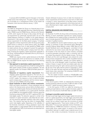 119Treasury, Risk, Balance sheet and Off-balance sheet
Capital management
In January 2016, the BCBS issued its final paper on the funda-
mental review of the trading book. The paper comprises a detailed
set of principles for a comprehensive revision of the market risk
framework, which becomes effective January 1, 2019.
FINMA Decree
The SNB has designated the Group as a financial group of sys-
temic importance under applicable Swiss law. Following that desig-
nation, FINMA issued the FINMA Decree, effective since February
2, 2014, which requires the Group to fully comply with the spe-
cial requirements for systemically important banks set out in the
Capital Adequacy Ordinance. In addition to the capital adequacy
requirements, it also specifies liquidity, risk diversification and dis-
closure requirements for the Bank parent company. To facilitate
the application of these requirements within the Group and to allow
Credit Suisse to continue its central treasury policy, the FINMA
Decree also references forms of relief granted by FINMA within
its stated authority that are designed to prevent the application
of requirements at the Bank parent company level from effec-
tively increasing the regulatory capital requirements applicable to
the Group, notwithstanding all reasonable efforts by the Group to
avoid such a situation.
FINMA also requires certain capital disclosures at the Bank
parent company level, which can be found on our website. In addi-
tion, the FINMA Decree requires the disclosure of the following
forms of relief:
p	 New approach to stand-alone capital requirements: With-
drawal of the previously granted form of relief for funding that the
Bank parent company provides to Group subsidiaries. The new
approach results in an increase in RWA at the Bank parent com-
pany level.
p 	Reduction of regulatory capital requirement: Risk-
weighted capital requirement reduced to 14% from the cur-
rent 17.05%, of which at least 10% must be held in the form
of CET1 capital. This measure is a form of relief at the Bank
parent company level in comparison with the minimum require-
ments set out by FINMA at the Group level.
p	 Equal treatment of direct and indirect investments:
Direct and indirect investments in Group subsidiaries that are
active in the financial sector and are held by the Bank parent
company are treated equally. Directly and indirectly held invest-
ments in Group subsidiaries up to a bank-specific threshold
set by FINMA are risk-weighted at 200%. Amounts above the
threshold are deducted 50% from CET1 capital and 50% from
total eligible capital. The deduction approach is similar to the
treatment of capital instruments under Basel III and contin-
ues the previously applicable treatment under Swiss regula-
tions. This measure may have the effect of changing RWA
and/or total eligible capital. Depending on the calibration of
the threshold, investments in Group subsidiaries require total
eligible capital in a range between 28% (if all investments are
risk-weighted) and 100% (if all investments are deducted from
total eligible capital).
Overall, withdrawal of previous forms of relief, the introduction of
stricter requirements and the provision of new forms of relief avoid
a situation in which requirements at the Bank parent company
would effectively dictate requirements at the Group level and, as
such, effectively lead to higher capital ratios at the Bank parent
company level.
CAPITAL ISSUANCES AND REDEMPTIONS
Issuances
On November 19, 2015, the Group held an Extraordinary General
Meeting, at which shareholders approved two capital increases.
We completed the first capital increase on November 23, 2015 by
way of a private placement of 58,000,000 newly issued shares to
a number of qualified investors.
We completed the second capital increase by way of a rights
offering. A syndicate of major international banks (Managers),
including Citigroup Global Markets Limited, HSBC Bank plc and
Société Générale (Joint Lead Managers), committed to firmly
underwrite the new shares issued under the rights offering, with
the exception of the new shares for which investors committed
to exercise preemptive subscription rights in connection with the
new shares they acquired in the first capital increase. The Group,
the Bank and the Joint Lead Managers also entered into condi-
tional purchase arrangements with a number of qualified investors,
including certain shareholders, whereby such parties agreed, in
return for a fee, at the Managers’ option, to purchase a specified
number of shares in respect of which pre-emptive rights were not
validly exercised during the rights exercise period (rump shares).
By the end of the rights exercise period on December 3, 2015,
99.0% of the rights had been exercised and 258,445,328 newly
issued shares were subscribed. The remaining 2,538,570 rump
shares were sold in the market.
The two capital increases resulted in 318,983,898 newly
issued shares and gross proceeds to the Group of CHF 6.0 billion.
Redemptions
In the second quarter of 2015, we redeemed the remaining out-
standing perpetual preferred securities of GBP 20 million of addi-
tional tier 1 capital instruments subject to phase-out.
In the third quarter of 2015, we called the remaining out-
standing principal balances of tier 2 capital instruments subject to
phase-out in the amounts of EUR 293 million and GBP 37 million.
Contingent convertible capital instruments
We have issued high-trigger and low-trigger capital instruments to
meet our capital requirements. Our high-trigger instruments (with
the exception of Contingent Capital Awards (CCA)) mandatorily
convert into our ordinary shares upon the occurrence of certain
specified triggering events. These events include our CET1 ratio
falling below 7% (or any lower applicable minimum threshold), or a
determination by qFINMA that conversion is necessary, or that we
require public sector capital support, to prevent us from becom-
ing insolvent, bankrupt or unable to pay a material amount of our
debts, or other similar circumstances. Conversion can only be
﻿
﻿
 