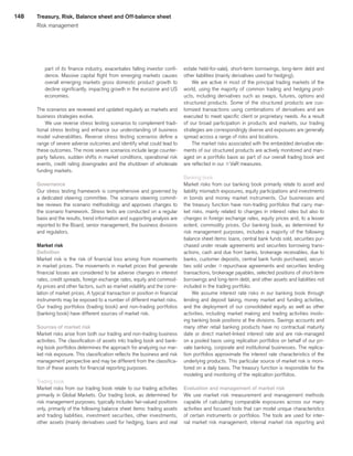 148
part of its finance industry, exacerbates falling investor confi-
dence. Massive capital flight from emerging markets causes
overall emerging markets gross domestic product growth to
decline significantly, impacting growth in the eurozone and US
economies.
The scenarios are reviewed and updated regularly as markets and
business strategies evolve.
We use reverse stress testing scenarios to complement tradi-
tional stress testing and enhance our understanding of business
model vulnerabilities. Reverse stress testing scenarios define a
range of severe adverse outcomes and identify what could lead to
these outcomes. The more severe scenarios include large counter-
party failures, sudden shifts in market conditions, operational risk
events, credit rating downgrades and the shutdown of wholesale
funding markets.
Governance
Our stress testing framework is comprehensive and governed by
a dedicated steering committee. The scenario steering commit-
tee reviews the scenario methodology and approves changes to
the scenario framework. Stress tests are conducted on a regular
basis and the results, trend information and supporting analysis are
reported to the Board, senior management, the business divisions
and regulators.
Market risk
Definition
Market risk is the risk of financial loss arising from movements
in market prices. The movements in market prices that generate
financial losses are considered to be adverse changes in interest
rates, credit spreads, foreign exchange rates, equity and commod-
ity prices and other factors, such as market volatility and the corre-
lation of market prices. A typical transaction or position in financial
instruments may be exposed to a number of different market risks.
Our trading portfolios (trading book) and non-trading portfolios
(banking book) have different sources of market risk.
Sources of market risk
Market risks arise from both our trading and non-trading business
activities. The classification of assets into trading book and bank-
ing book portfolios determines the approach for analyzing our mar-
ket risk exposure. This classification reflects the business and risk
management perspective and may be different from the classifica-
tion of these assets for financial reporting purposes.
Trading book
Market risks from our trading book relate to our trading activities
primarily in Global Markets. Our trading book, as determined for
risk management purposes, typically includes fair-valued positions
only, primarily of the following balance sheet items: trading assets
and trading liabilities, investment securities, other investments,
other assets (mainly derivatives used for hedging, loans and real
estate held-for-sale), short-term borrowings, long-term debt and
other liabilities (mainly derivatives used for hedging).
We are active in most of the principal trading markets of the
world, using the majority of common trading and hedging prod-
ucts, including derivatives such as swaps, futures, options and
structured products. Some of the structured products are cus-
tomized transactions using combinations of derivatives and are
executed to meet specific client or proprietary needs. As a result
of our broad participation in products and markets, our trading
strategies are correspondingly diverse and exposures are generally
spread across a range of risks and locations.
The market risks associated with the embedded derivative ele-
ments of our structured products are actively monitored and man-
aged on a portfolio basis as part of our overall trading book and
are reflected in our qVaR measures.
Banking book
Market risks from our banking book primarily relate to asset and
liability mismatch exposures, equity participations and investments
in bonds and money market instruments. Our businesses and
the treasury function have non-trading portfolios that carry mar-
ket risks, mainly related to changes in interest rates but also to
changes in foreign exchange rates, equity prices and, to a lesser
extent, commodity prices. Our banking book, as determined for
risk management purposes, includes a majority of the following
balance sheet items: loans, central bank funds sold, securities pur-
chased under resale agreements and securities borrowing trans-
actions, cash and due from banks, brokerage receivables, due to
banks, customer deposits, central bank funds purchased, securi-
ties sold under q repurchase agreements and securities lending
transactions, brokerage payables, selected positions of short-term
borrowings and long-term debt, and other assets and liabilities not
included in the trading portfolio.
We assume interest rate risks in our banking book through
lending and deposit taking, money market and funding activities,
and the deployment of our consolidated equity as well as other
activities, including market making and trading activities involv-
ing banking book positions at the divisions. Savings accounts and
many other retail banking products have no contractual maturity
date or direct market-linked interest rate and are risk-managed
on a pooled basis using replication portfolios on behalf of our pri-
vate banking, corporate and institutional businesses. The replica-
tion portfolios approximate the interest rate characteristics of the
underlying products. This particular source of market risk is moni-
tored on a daily basis. The treasury function is responsible for the
modeling and monitoring of the replication portfolios.
Evaluation and management of market risk
We use market risk measurement and management methods
capable of calculating comparable exposures across our many
activities and focused tools that can model unique characteristics
of certain instruments or portfolios. The tools are used for inter-
nal market risk management, internal market risk reporting and
Treasury, Risk, Balance sheet and Off-balance sheet
Risk management
﻿
﻿
 