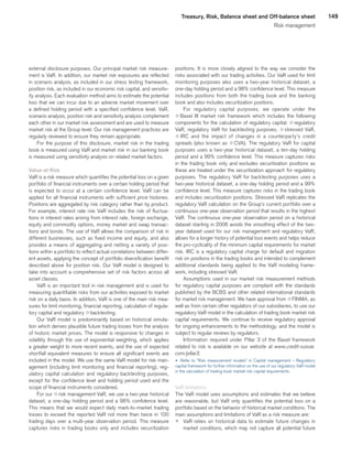 149Treasury, Risk, Balance sheet and Off-balance sheet
Risk management
external disclosure purposes. Our principal market risk measure-
ment is VaR. In addition, our market risk exposures are reflected
in scenario analysis, as included in our stress testing framework,
position risk, as included in our economic risk capital, and sensitiv-
ity analysis. Each evaluation method aims to estimate the potential
loss that we can incur due to an adverse market movement over
a defined holding period with a specified confidence level. VaR,
scenario analysis, position risk and sensitivity analysis complement
each other in our market risk assessment and are used to measure
market risk at the Group level. Our risk management practices are
regularly reviewed to ensure they remain appropriate.
For the purpose of this disclosure, market risk in the trading
book is measured using VaR and market risk in our banking book
is measured using sensitivity analysis on related market factors.
Value-at-Risk
VaR is a risk measure which quantifies the potential loss on a given
portfolio of financial instruments over a certain holding period that
is expected to occur at a certain confidence level. VaR can be
applied for all financial instruments with sufficient price histories.
Positions are aggregated by risk category rather than by product.
For example, interest rate risk VaR includes the risk of fluctua-
tions in interest rates arising from interest rate, foreign exchange,
equity and commodity options, money market and swap transac-
tions and bonds. The use of VaR allows the comparison of risk in
different businesses, such as fixed income and equity, and also
provides a means of aggregating and netting a variety of posi-
tions within a portfolio to reflect actual correlations between differ-
ent assets, applying the concept of portfolio diversification benefit
described above for position risk. Our VaR model is designed to
take into account a comprehensive set of risk factors across all
asset classes.
VaR is an important tool in risk management and is used for
measuring quantifiable risks from our activities exposed to market
risk on a daily basis. In addition, VaR is one of the main risk mea-
sures for limit monitoring, financial reporting, calculation of regula-
tory capital and regulatory qbacktesting.
Our VaR model is predominantly based on historical simula-
tion which derives plausible future trading losses from the analysis
of historic market prices. The model is responsive to changes in
volatility through the use of exponential weighting, which applies
a greater weight to more recent events, and the use of expected
shortfall equivalent measures to ensure all significant events are
included in the model. We use the same VaR model for risk man-
agement (including limit monitoring and financial reporting), reg-
ulatory capital calculation and regulatory backtesting purposes,
except for the confidence level and holding period used and the
scope of financial instruments considered.
For our qrisk management VaR, we use a two-year historical
dataset, a one-day holding period and a 98% confidence level.
This means that we would expect daily mark-to-market trading
losses to exceed the reported VaR not more than twice in 100
trading days over a multi-year observation period. This measure
captures risks in trading books only and includes securitization
positions. It is more closely aligned to the way we consider the
risks associated with our trading activities. Our VaR used for limit
monitoring purposes also uses a two-year historical dataset, a
one-day holding period and a 98% confidence level. This measure
includes positions from both the trading book and the banking
book and also includes securitization positions.
For regulatory capital purposes, we operate under the
q Basel III market risk framework which includes the following
components for the calculation of regulatory capital: qregulatory
VaR, regulatory VaR for backtesting purposes, q stressed VaR,
q IRC and the impact of changes in a counterparty’s credit
spreads (also known as q CVA). The regulatory VaR for capital
purposes uses a two-year historical dataset, a ten-day holding
period and a 99% confidence level. This measure captures risks
in the trading book only and excludes securitization positions as
these are treated under the securitization approach for regulatory
purposes. The regulatory VaR for backtesting purposes uses a
two-year historical dataset, a one-day holding period and a 99%
confidence level. This measure captures risks in the trading book
and includes securitization positions. Stressed VaR replicates the
regulatory VaR calculation on the Group’s current portfolio over a
continuous one-year observation period that results in the highest
VaR. The continuous one-year observation period on a historical
dataset starting in 2006 avoids the smoothing effect of the two-
year dataset used for our risk management and regulatory VaR,
allows for a longer history of potential loss events and helps reduce
the pro-cyclicality of the minimum capital requirements for market
risk. IRC is a regulatory capital charge for default and migration
risk on positions in the trading books and intended to complement
additional standards being applied to the VaR modeling frame-
work, including stressed VaR.
Assumptions used in our market risk measurement methods
for regulatory capital purposes are compliant with the standards
published by the BCBS and other related international standards
for market risk management. We have approval from qFINMA, as
well as from certain other regulators of our subsidiaries, to use our
regulatory VaR model in the calculation of trading book market risk
capital requirements. We continue to receive regulatory approval
for ongoing enhancements to the methodology, and the model is
subject to regular reviews by regulators.
Information required under Pillar 3 of the Basel framework
related to risk is available on our website at www.credit-suisse.
com/pillar3.
u 	Refer to “Risk measurement models” in Capital management – Regulatory
capital framework for further information on the use of our regulatory VaR model
in the calculation of trading book market risk capital requirements.
VaR limitations
The VaR model uses assumptions and estimates that we believe
are reasonable, but VaR only quantifies the potential loss on a
portfolio based on the behavior of historical market conditions. The
main assumptions and limitations of VaR as a risk measure are:
p 	VaR relies on historical data to estimate future changes in
market conditions, which may not capture all potential future
﻿
﻿
 
