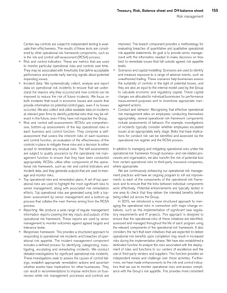 155Treasury, Risk, Balance sheet and Off-balance sheet
Risk management
Certain key controls are subject to independent testing to eval-
uate their effectiveness. The results of these tests are consid-
ered by other operational risk framework components, such as
in the risk and control self-assessment (RCSA) process.
p 	Risk and control indicators: These are metrics that are used
to monitor particular operational risks and controls over time.
They may be associated with thresholds that define acceptable
performance and provide early warning signals about potential
impending issues.
p 	Incident data: We systematically collect, analyze and report
data on operational risk incidents to ensure that we under-
stand the reasons why they occurred and how controls can be
improved to reduce the risk of future incidents. We focus on
both incidents that result in economic losses and events that
provide information on potential control gaps, even if no losses
occurred. We also collect and utilize available data on incidents
at relevant peer firms to identify potential risks that may be rel-
evant in the future, even if they have not impacted the Group.
p 	Risk and control self-assessments: RCSAs are comprehen-
sive, bottom-up assessments of the key operational risks in
each business and control function. They comprise a self-
assessment that covers the inherent risks of each business
and control function, an evaluation of the effectiveness of the
controls in place to mitigate these risks and a decision to either
accept or remediate any residual risks. The self-assessments
are subject to quality assurance by the operational risk man-
agement function to ensure that they have been conducted
appropriately. RCSAs utilize other components of the opera-
tional risk framework, such as risk and control indicators and
incident data, and they generate outputs that are used to man-
age and monitor risks.
p 	Top operational risks and remediation plans: A set of top oper-
ational risks are used to highlight the most significant risks to
senior management, along with associated risk remediation
efforts. Top operational risks are generated using both a top-
down assessment by senior management and a bottom-up
process that collates the main themes arising from the RCSA
process.
p 	Reporting: We produce a wide range of regular management
information reports covering the key inputs and outputs of the
operational risk framework. These reports are used by senior
management to monitor outcomes against agreed targets and
tolerance levels.
p 	Responses framework: This provides a structured approach to
responding to operational risk incidents and breaches of oper-
ational risk appetite. The incident management component
includes a defined process for identifying, categorizing, inves-
tigating, escalating and remediating incidents. We conduct
detailed investigations for significant operational risk incidents.
These investigations seek to assess the causes of control fail-
ings, establish appropriate remediation actions and ascertain
whether events have implications for other businesses. They
can result in recommendations to impose restrictions on busi-
nesses while risk management processes and controls are
improved. The breach component provides a methodology for
evaluating breaches of quantitative and qualitative operational
risk appetite statements. Its goal is to provide senior manage-
ment with the information needed to make decisions on how
best to remediate issues that fall outside agreed risk appetite
levels.
p 	Scenarios and capital modelling: Scenarios are used to identify
and measure exposure to a range of adverse events, such as
unauthorized trading. These scenarios help businesses assess
the suitability of controls in the light of potential losses, and
they are also an input to the internal model used by the Group
to calculate economic and regulatory capital. These capital
charges are allocated to individual businesses for performance
measurement purposes and to incentivize appropriate man-
agement actions.
p 	Conduct and behavior: Recognizing that effective operational
risk management relies on employees conducting themselves
appropriately, several operational risk framework components
include assessments of behavior. For example, investigations
of incidents typically consider whether employees escalated
issues at an appropriately early stage. Risks that have implica-
tions for conduct risk can be identified and assessed via the
operational risk register and the RCSA process.
In addition to managing and mitigating operational risks under the
operational risk framework through business- and risk-related pro-
cesses and organization, we also transfer the risk of potential loss
from certain operational risks to third-party insurance companies,
where appropriate.
We are continuously enhancing our operational risk manage-
ment practices and have an ongoing program to roll out improve-
ments to each of the components of the operational risk frame-
work and to ensure that the links between individual components
work effectively. Potential enhancements are typically tested in
one area to check that they deliver the intended benefits before
being rolled out across the Group.
In 2015, we introduced a more structured approach to man-
aging the operational risks in connection with major change ini-
tiatives, such as the implementation of significant new regula-
tory requirements and IT projects. This approach is designed to
ensure that the operational risks of these initiatives are identified,
assessed and managed throughout the life of each program using
the relevant components of the operational risk framework. It also
considers the fact that even initiatives that are expected to deliver
operational risk benefits upon completion may result in increased
risks during the implementation phase. We have also established a
dedicated function to analyze the risks associated with the deploy-
ment of roles and functions to our centers of excellence and the
use of third-party vendors and suppliers. This function provides an
independent review and challenge over these activities. Further-
more, we have made enhancements to the risk and control indica-
tors that we use to monitor operational risks and assess compli-
ance with the Group’s risk appetite. This provides more consistent
﻿
﻿
 