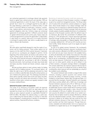 176
are contractual agreements to exchange interest rate payments
based on agreed upon notional amounts and maturities. CDS are
contractual agreements in which the buyer of the swap pays a
periodic fee in return for a contingent payment by the seller of
the swap following a credit event of a reference entity. A credit
event is commonly defined as bankruptcy, insolvency, receiver-
ship, material adverse restructuring of debt, or failure to meet
payment obligations when due. Currency swaps are contractual
agreements to exchange payments in different currencies based
on agreed notional amounts and currency pairs. Equity swaps are
contractual agreements to receive the appreciation or depreciation
in value based on a specific strike price on an equity instrument
in exchange for paying another rate, which is usually based on an
index or interest rate movements.
Options
We write options specifically designed to meet the needs of cus-
tomers and for trading purposes. These written options do not
expose us to the credit risk of the customer because, if exercised,
we and not our counterparty are obligated to perform. At the
beginning of the contract period, we receive a cash premium. Dur-
ing the contract period, we bear the risk of unfavorable changes
in the value of the financial instruments underlying the options. To
manage this market risk, we purchase or sell cash or derivative
financial instruments. Such purchases and sales may include debt
and equity securities, forward and futures contracts, swaps and
options.
We also purchase options to meet customer needs, for trading
purposes and for hedging purposes. For purchased options, we
obtain the right to buy or sell the underlying instrument at a fixed
price on or before a specified date. During the contract period, our
risk is limited to the premium paid. The underlying instruments for
these options typically include fixed income and equity securities,
foreign currencies and interest rate instruments or indices. Coun-
terparties to these option contracts are regularly reviewed in order
to assess creditworthiness.
Selected European credit risk exposures
The scope of our disclosure of European credit risk exposure
includes all countries of the EU which are rated below AA or its
equivalent by at least one of the three major rating agencies and
where our gross exposure exceeds our quantitative threshold of
EUR 0.5 billion. We believe this external rating is a useful mea-
sure in determining the financial ability of countries to meet their
financial obligations, including giving an indication of vulnerability to
adverse business, financial and economic conditions.
Monitoring of selected European credit risk exposures
Our credit risk exposure to these European countries is managed
as part of our overall risk management process. The Group makes
use of country limits and performs scenario analyses on a regular
basis, which include analyses of our indirect sovereign credit risk
exposures from our exposures to selected European financial insti-
tutions. This assessment of indirect sovereign credit risk exposures
includes analysis of publicly available disclosures of counterparties’
exposures to the European countries within the defined scope of
our disclosure. We monitor the concentration of collateral under-
pinning our qOTC derivative and qreverse repurchase agreement
exposures through monthly reporting. We also monitor the impact
of sovereign rating downgrades on collateral eligibility. Strict limits
on sovereign collateral from qG7 and non-G7 countries are moni-
tored monthly. Similar disclosure is part of our regular risk report-
ing to regulators.
As part of our global scenario framework, the counterparty
credit risk stress testing framework measures counterparty expo-
sure under scenarios calibrated to the 99th percentile for the worst
one month and one year moves observed in the available history,
as well as the absolutely worst weekly move observed in the same
dataset. The scenario results are aggregated at the counterparty
level for all our counterparties, including all European countries to
which we have exposure. Furthermore, counterparty default sce-
narios are run where specific entities are set to default. In one
of these scenarios, a European sovereign default is investigated.
This scenario determines the maximum exposure that we have to
this country in the event of its default and serves to identify those
counterparties where exposure will rise substantially as a result of
the modeled country defaulting.
The scenario framework also considers a range of other severe
scenarios, including a specific eurozone crisis scenario which
assumes the default of selected European countries, currently
modeled to include Greece, Ireland, Italy, Portugal and Spain. It is
assumed that the sovereigns, financial institutions and corporates
within these countries default, with a 100% loss of sovereign and
financial institutions exposures and a 0% to 100% loss of corpo-
rates depending on their credit ratings. As part of this scenario,
we additionally assume a severe market sell-off involving an equity
market crash, widening credit spreads, a rally in the price of gold
and a devaluation of the euro. In addition, the eurozone crisis sce-
nario assumes the default of a small number of our market coun-
terparties that we believe would be severely affected by a default
across the selected European countries. These counterparties are
assumed to default as we believe that they would be the most
affected institutions because of their direct presence in the rel-
evant countries and their direct exposures. Through these pro-
cesses, revaluation and redenomination risks on our exposures are
considered on a regular basis by our risk management function.
Treasury, Risk, Balance sheet and Off-balance sheet
Risk management
﻿
﻿
 