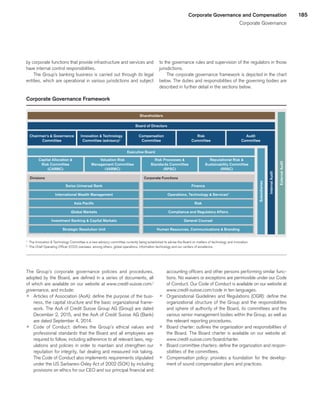 185Corporate Governance and Compensation
Corporate Governance
Corporate Governance Framework
Divisions Corporate Functions
Board of Directors
Shareholders
Executive Board
Capital Allocation 
Risk Committee
(CARMC)
Chairman’s  Governance
Committee
Innovation  Technology
Committee (advisory)1
Compensation
Committee
Risk
Committee
Audit
Committee
Valuation Risk
Management Committee
(VARMC)
Risk Processes 
Standards Committee
(RPSC)
Reputational Risk 
Sustainability Committee
(RRSC)
InternalAudit
Subsidiaries
ExternalAudit
Swiss Universal Bank Finance
International Wealth Management Operations, Technology  Services2
Asia Pacific Risk
Global Markets Compliance and Regulatory Affairs
Investment Banking  Capital Markets General Counsel
Strategic Resolution Unit Human Resources, Communications  Branding
1
	 The Innovation  Technology Committee is a new advisory committee currently being established to advise the Board on matters of technology and innovation.
2
	 The Chief Operating Officer (COO) oversees, among others, global operations, information technology and our centers of excellence.
by corporate functions that provide infrastructure and services and
have internal control responsibilities.
The Group’s banking business is carried out through its legal
entities, which are operational in various jurisdictions and subject
to the governance rules and supervision of the regulators in those
jurisdictions.
The corporate governance framework is depicted in the chart
below. The duties and responsibilities of the governing bodies are
described in further detail in the sections below.
The Group’s corporate governance policies and procedures,
adopted by the Board, are defined in a series of documents, all
of which are available on our website at www.credit-suisse.com/
governance, and include:
p	 Articles of Association (AoA): define the purpose of the busi-
ness, the capital structure and the basic organizational frame-
work. The AoA of Credit Suisse Group AG (Group) are dated
December 2, 2015, and the AoA of Credit Suisse AG (Bank)
are dated September 4, 2014.
p	 Code of Conduct: defines the Group’s ethical values and
professional standards that the Board and all employees are
required to follow, including adherence to all relevant laws, reg-
ulations and policies in order to maintain and strengthen our
reputation for integrity, fair dealing and measured risk taking.
The Code of Conduct also implements requirements stipulated
under the US Sarbanes-Oxley Act of 2002 (SOX) by including
provisions on ethics for our CEO and our principal financial and
accounting officers and other persons performing similar func-
tions. No waivers or exceptions are permissible under our Code
of Conduct. Our Code of Conduct is available on our website at
www.credit-suisse.com/code in ten languages.
p	 Organizational Guidelines and Regulations (OGR): define the
organizational structure of the Group and the responsibilities
and sphere of authority of the Board, its committees and the
various senior management bodies within the Group, as well as
the relevant reporting procedures.
p	 Board charter: outlines the organization and responsibilities of
the Board. The Board charter is available on our website at:
www.credit-suisse.com/boardcharter.
p	 Board committee charters: define the organization and respon-
sibilities of the committees.
p	 Compensation policy: provides a foundation for the develop-
ment of sound compensation plans and practices.
﻿
﻿
 