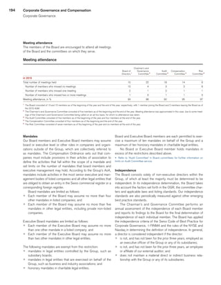 194
Meeting attendance
The members of the Board are encouraged to attend all meetings
of the Board and the committees on which they serve.
Meeting attendance
 
	 	
	 Chairman’s and	
	 	
	 	
	 	
 
	 Board of	
	Governance	
	Audit	
	Compensation	
	 Risk	
 
	Directors	1
	Committee	2
	Committee	3
	Committee	4
	Committee	5
in 2015 
	 	
	 	
		
	 	
	 	
Total number of meetings held 
	10	
	22	
	18	
	 14	
	6	
   Number of members who missed no meetings 
	10	
	 4	
	3	
	2	
	6	
   Number of members who missed one meeting 
	2	
	1	
	2	
	1	
	1	
   Number of members who missed two or more meetings 
	1	
	0	
	1	
	1	
	0	
Meeting attendance, in % 
	93	
	98	
	92	
	95	
	97	
1
	 The Board consisted of 13 and 12 members as of the beginning of the year and the end of the year, respectively, with 1 member joining the Board and 2 members leaving the Board as of
the 2015 AGM.
2
	 The Chairman’s and Governance Committee consisted of five members as of the beginning and the end of the year. Meeting attendance was approximated in this case, due to some meet-
ings of the Chairman’s and Governance Committee being called on an ad hoc basis, for which no attendance was taken.
3
	 The Audit Committee consisted of five members as of the beginning of the year and four members at the end of the year.
4
	 The Compensation Committee consisted of four members as of the beginning and the end of the year.
5
	 The Risk Committee consisted of seven members as of the beginning of the year and six members at the end of the year.
Mandates
Our Board members and Executive Board members may assume
board or executive level or other roles in companies and organi-
zations outside of the Group, which are collectively referred to
as mandates. The Compensation Ordinance sets out that com-
panies must include provisions in their articles of association to
define the activities that fall within the scope of a mandate and
set limits on the number of mandates that board members and
executive management may hold. According to the Group’s AoA,
mandates include activities in the most senior executive and man-
agement bodies of listed companies and all other legal entities that
are obliged to obtain an entry in the Swiss commercial register or a
corresponding foreign register.
Board mandates are limited as follows:
p	 Each member of the Board may assume no more than four
other mandates in listed companies; and
p	 Each member of the Board may assume no more than five
mandates in other legal entities, including private non-listed
companies.
Executive Board mandates are limited as follows:
p	 Each member of the Executive Board may assume no more
than one other mandate in a listed company; and
p	 Each member of the Executive Board may assume no more
than two other mandates in other legal entities.
The following mandates are exempt from this restriction:
p	 mandates in legal entities controlled by the Group, such as
subsidiary boards;
p	 mandates in legal entities that are exercised on behalf of the
Group, such as business and industry associations; and
p	 honorary mandates in charitable legal entities.
Board and Executive Board members are each permitted to exer-
cise a maximum of ten mandates on behalf of the Group and a
maximum of ten honorary mandates in charitable legal entities.
No Board or Executive Board member holds mandates in
excess of the restrictions described above.
u 	Refer to “Audit Committee” in Board committees for further information on
limits on Audit Committee service.
Independence
The Board consists solely of non-executive directors within the
Group, of which at least the majority must be determined to be
independent. In its independence determination, the Board takes
into account the factors set forth in the OGR, the committee char-
ters and applicable laws and listing standards. Our independence
standards are also periodically measured against other emerging
best practice standards.
The Chairman’s and Governance Committee performs an
annual assessment of the independence of each Board member
and reports its findings to the Board for the final determination of
independence of each individual member. The Board has applied
the independence criteria of the Swiss Code of Best Practice for
Corporate Governance, qFINMA and the rules of the NYSE and
Nasdaq in determining the definition of independence. In general,
a director is considered independent if the director:
p	 is not, and has not been for the prior three years, employed as
an executive officer of the Group or any of its subsidiaries;
p	 is not, and has not been for the prior three years, an employee
or affiliate of our external auditor; and
p	 does not maintain a material direct or indirect business rela-
tionship with the Group or any of its subsidiaries.
Corporate Governance and Compensation
Corporate Governance
﻿
﻿
 