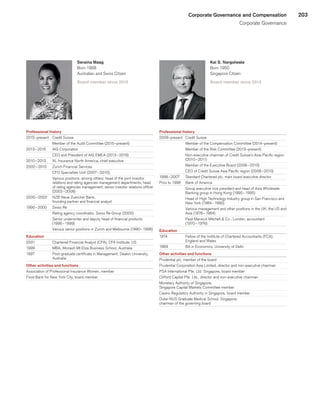 203Corporate Governance and Compensation
Corporate Governance
Seraina Maag
Born 1968
Australian and Swiss Citizen
Board member since 2015
Professional history
2015–present	 Credit Suisse
	 Member of the Audit Committee (2015–present)
2013 – 2016	 AIG Corporation
	 CEO and President of AIG EMEA (2013 – 2016)
2010 – 2013	 XL Insurance North America, chief executive
2002 – 2010	 Zurich Financial Services
	 CFO Specialties Unit (2007 – 2010);
	 Various positions, among others: head of the joint investor
relations and rating agencies management departments; head
of rating agencies management; senior investor relations officer
(2002 – 2008)
2000 – 2002	 NZB Neue Zuercher Bank,
founding partner and financial analyst
1990 – 2000	 Swiss Re
	 Rating agency coordinator, Swiss Re Group (2000)
	 Senior underwriter and deputy head of financial products
(1996 – 1999)
	 Various senior positions in Zurich and Melbourne (1990 – 1996)
Education
2001	 Chartered Financial Analyst (CFA), CFA Institute, US
1999	 MBA, Monash Mt Eliza Business School, Australia
1997	 Post-graduate certificate in Management, Deakin University,
Australia
Other activities and functions
Association of Professional Insurance Women, member
Food Bank for New York City, board member
Kai S. Nargolwala
Born 1950
Singapore Citizen
Board member since 2013
Professional history
2008–present	 Credit Suisse
	 Member of the Compensation Committee (2014–present)
	 Member of the Risk Committee (2013–present)
	 Non-executive chairman of Credit Suisse’s Asia-Pacific region
(2010 – 2011)
	 Member of the Executive Board (2008 – 2010)
	 CEO of Credit Suisse Asia Pacific region (2008 – 2010)
1998 – 2007	 Standard Chartered plc, main board executive director
Prior to 1998	 Bank of America
	 Group executive vice president and head of Asia Wholesale
Banking group in Hong Kong (1990 – 1995)
	 Head of High Technology Industry group in San Francisco and
New York (1984 – 1990)
	 Various management and other positions in the UK, the US and
Asia (1976 – 1984)
	 Peat Marwick Mitchell  Co., London, accountant
(1970 – 1976)
Education
1974	 Fellow of the Institute of Chartered Accountants (FCA),
England and Wales
1969	 BA in Economics, University of Delhi
Other activities and functions
Prudential plc, member of the board
Prudential Corporation Asia Limited, director and non-executive chairman
PSA International Pte. Ltd. Singapore, board member
Clifford Capital Pte. Ltd., director and non-executive chairman
Monetary Authority of Singapore,
Singapore Capital Markets Committee member
Casino Regulatory Authority in Singapore, board member
Duke-NUS Graduate Medical School, Singapore,
chairman of the governing board
﻿
﻿
 