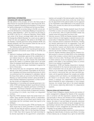 215Corporate Governance and Compensation
Corporate Governance
ADDITIONAL INFORMATION
Complying with rules and regulations
We fully adhere to the principles set out in the Swiss Code of
Best Practice for Corporate Governance, dated August 28, 2014,
including its appendix stipulating recommendations on the process
for setting compensation for the Board and the Executive Board.
In connection with our primary listing on the SIX, we are sub-
ject to the SIX Directive on Information Relating to Corporate Gov-
ernance, dated September 1, 2014. Our shares are also listed on
the NYSE in the form of q American Depositary Shares (ADS)
and certain of the Group’s exchange traded notes are listed on
the Nasdaq Stock Market (Nasdaq). As a result, we are subject to
certain US rules and regulations. We adhere to the NYSE’s and
the Nasdaq’s corporate governance listing standards (NYSE and
Nasdaq standards), with a few exceptions where the rules are not
applicable to foreign private issuers.
The following are the significant differences between our cor-
porate governance standards and the corporate governance stan-
dards applicable to US domestic issuers listed on the NYSE and
Nasdaq:
p	 Approval of employee benefit plans: NYSE and Nasdaq stan-
dards require shareholder approval of the establishment of,
and material revisions to, certain equity compensation plans.
We comply with Swiss law, which requires that shareholders
approve the creation of conditional capital used to set aside
shares for employee benefit plans and other equity compensa-
tion plans, but does not require shareholders to approve the
terms of those plans.
p	 Risk assessment and risk management: NYSE standards
allocate to the Audit Committee responsibility for the discus-
sion of guidelines and policies governing the process by which
risk assessment and risk management is undertaken, while at
the Group these duties are assumed by the Risk Committee.
Whereas our Audit Committee members satisfy the NYSE as
well as Nasdaq independence requirements, our Risk Commit-
tee may include non-independent members.
p	 Independence of nominating and corporate governance com-
mittee: NYSE and Nasdaq standards require that all members
of the nominating and corporate governance committee be
independent. The Group’s Chairman’s and Governance Com-
mittee is currently comprised entirely of independent members,
but according to its charter, may include non-independent
members.
p	 Reporting: NYSE standards require that certain board com-
mittees report specified information directly to shareholders,
while under Swiss law only the Board reports directly to the
shareholders and the committees submit their reports to the
full Board.
p	 Appointment of the external auditor: NYSE and Nasdaq stan-
dards require that an Audit Committee of a listed company
comply with and have the authority necessary to comply with
the requirements of Rule 10A-3 of the Securities Exchange
Act of 1934. Rule 10A-3 requires the Audit Committee to
be directly responsible for the appointment, compensation,
retention and oversight of the external auditor unless there is a
conflicting requirement under home country law. Under Swiss
law, the appointment of the external auditor must be approved
by the shareholders at the AGM based on the proposal of the
Board, which receives the advice and recommendation of the
Audit Committee.
p	 Audit Committee charter: Nasdaq standards require the Audit
Committee to review and assess the adequacy of its charter
on an annual basis, while our Audit Committee’s charter only
requires review and assessment from time to time.
p	 Executive sessions: NYSE and Nasdaq standards require the
board of directors to meet regularly in executive sessions com-
prised solely of independent directors. Our Board meets regu-
larly in executive sessions comprised of all directors, including
any directors determined to be not independent. If any item
discussed at the meeting raises a conflict of interest for any
of our directors, however, such director does not participate in
the related decision making. The Board does not include any
directors who are also members of management.
p	 Quorums: Nasdaq standards require that the company’s by-
laws provide for a quorum of at least 331
⁄3% of the outstanding
shares of the company’s common stock for any meeting of the
holders of common stock. The Group’s AoA call for a quorum
in certain instances, but do not require a quorum of 331
⁄3% or
greater of the holders of the outstanding shares of common
stock for any meeting of shareholders.
p	 Independence: NYSE and Nasdaq independence standards
specify thresholds for the maximum permissible amount of (i)
direct compensation that can be paid by the company to a
director or an immediate family member thereof, outside of
such director’s directorship fees and other permitted pay-
ments; and (ii) payments between the company and another
company at which such director or an immediate family mem-
ber thereof is an executive officer, controlling shareholder,
partner or employee. Our independence standards do not
specify thresholds for direct compensation or cross-company
revenues, but consider these facts in the overall materiality
of the business relationship determination for independence
purposes.
Fiduciary duties and indemnification
The Swiss Code of Obligations requires directors and members of
senior management to safeguard the interests of the corporation
and, in connection with this requirement, imposes the duties of
care and loyalty on directors and members of senior management.
While Swiss law does not have a general provision on conflicts of
interest, the duties of care and loyalty are generally understood
to disqualify directors and members of senior management from
participating in decisions that could directly affect them. Directors
and members of senior management are personally liable to the
corporation for any breach of these provisions.
The Group’s AoA and the Bank’s AoA do not contain provisions
regarding the indemnification of directors and officers. According
to Swiss statutory law, an employee has a right to be indemnified
﻿
﻿
 