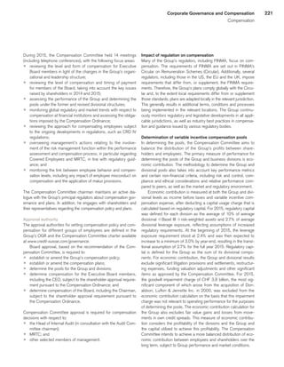 221Corporate Governance and Compensation
Compensation
During 2015, the Compensation Committee held 14 meetings
(including telephone conferences), with the following focus areas:
p	 reviewing the level and form of compensation for Executive
Board members in light of the changes in the Group’s organi-
zational and leadership structure;
p 	reviewing the level of compensation and timing of payment
for members of the Board, taking into account the key issues
raised by shareholders in 2014 and 2015;
p 	assessing the performance of the Group and determining the
pools under the former and revised divisional structures;
p	 monitoring global regulatory and market trends with respect to
compensation at financial institutions and assessing the obliga-
tions imposed by the Compensation Ordinance;
p	 reviewing the approach for compensating employees subject
to the ongoing developments in regulations, such as CRD IV
regulations;
p	 overseeing management’s actions relating to the involve-
ment of the risk management function within the performance
assessment and compensation process, in particular regarding
Covered Employees and MRTC, in line with regulatory guid-
ance; and
p	 monitoring the link between employee behavior and compen-
sation levels, including any impact of employee misconduct on
compensation and the application of malus provisions.
The Compensation Committee chairman maintains an active dia-
logue with the Group’s principal regulators about compensation gov-
ernance and plans. In addition, he engages with shareholders and
their representatives regarding the compensation policy and plans.
Approval authority
The approval authorities for setting compensation policy and com-
pensation for different groups of employees are defined in the
Group’s OGR and the Compensation Committee charter available
at www.credit-suisse.com/governance.
Board approval, based on the recommendation of the Com-
pensation Committee, is required to:
p	 establish or amend the Group’s compensation policy;
p 	establish or amend the compensation plans;
p	 determine the pools for the Group and divisions;
p	 determine compensation for the Executive Board members,
including the CEO, subject to the shareholder approval require-
ment pursuant to the Compensation Ordinance; and
p	 determine compensation of the Board, including the Chairman,
subject to the shareholder approval requirement pursuant to
the Compensation Ordinance.
Compensation Committee approval is required for compensation
decisions with respect to:
p	 the Head of Internal Audit (in consultation with the Audit Com-
mittee chairman);
p 	MRTC; and
p	 other selected members of management.
Impact of regulation on compensation
Many of the Group’s regulators, including FINMA, focus on com-
pensation. The requirements of FINMA are set out in FINMA’s
Circular on Remuneration Schemes (Circular). Additionally, several
regulators, including those in the US, the EU and the UK, impose
requirements that differ from, or supplement, the FINMA require-
ments. Therefore, the Group’s plans comply globally with the Circu-
lar and, to the extent local requirements differ from or supplement
those standards, plans are adapted locally in the relevant jurisdiction.
This generally results in additional terms, conditions and processes
being implemented in the relevant locations. The Group continu-
ously monitors regulatory and legislative developments in all appli-
cable jurisdictions, as well as industry best practices in compensa-
tion and guidance issued by various regulatory bodies.
Determination of variable incentive compensation pools
In determining the pools, the Compensation Committee aims to
balance the distribution of the Group’s profits between share-
holders and employees. The primary measure of performance for
determining the pools of the Group and business divisions is eco-
nomic contribution. The methodology to determine the Group and
divisional pools also takes into account key performance metrics
and certain non-financial criteria, including risk and control, com-
pliance and ethical considerations and relative performance com-
pared to peers, as well as the market and regulatory environment.
Economic contribution is measured at both the Group and divi-
sional levels as income before taxes and variable incentive com-
pensation expense, after deducting a capital usage charge that is
calculated based on regulatory capital. For 2015, regulatory capital
was defined for each division as the average of 10% of average
divisional qBasel III qrisk-weighted assets and 2.7% of average
divisional leverage exposure, reflecting assumptions of increased
regulatory requirements. At the beginning of 2015, the leverage
exposure requirement stood at 2.4% and was then expected to
increase to a minimum of 3.0% by year-end, resulting in the transi-
tional assumption of 2.7% for the full year 2015. Regulatory capi-
tal is defined for the Group as the sum of its divisional compo-
nents. For economic contribution, the Group and divisional results
exclude significant litigation provisions and settlements, restructur-
ing expenses, funding valuation adjustments and other significant
items as approved by the Compensation Committee. For 2015,
the goodwill impairment charge of CHF 3.8 billion, the most sig-
nificant component of which arose from the acquisition of Don-
aldson, Lufkin  Jenrette Inc. in 2000, was excluded from the
economic contribution calculation on the basis that this impairment
charge was not relevant to operating performance for the purposes
of determining the pools. The economic contribution calculation for
the Group also excludes fair value gains and losses from move-
ments in own credit spreads. This measure of economic contribu-
tion considers the profitability of the divisions and the Group and
the capital utilized to achieve this profitability. The Compensation
Committee intends to achieve a more balanced distribution of eco-
nomic contribution between employees and shareholders over the
long term, subject to Group performance and market conditions.
﻿
﻿
 