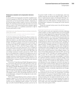 233Corporate Governance and Compensation
Compensation
Performance evaluation and compensation decisions
for 2015
In January 2016, the Compensation Committee completed its per-
formance evaluation for 2015 for the Group, and the individual
assessments of the Executive Board members. Depending on
the Executive Board member’s length of service on the Executive
Board, the overall Group financial results were taken into account
either by means of the financial performance evaluation against
pre-determined targets, or a qualitative assessment in light of
business performance, or both.
Individuals who were Executive Board members during the
entire year of 2015
Financial performance evaluation under the previous divisional
structure for the first nine months of 2015
For the five individuals who were Executive Board members dur-
ing the entire year of 2015, variable incentive compensation was
determined based on pre-determined financial targets under the
previous organizational structure until the end of the third quarter
of 2015, as well as a qualitative assessment of performance. At
the Group level, ROE for the strategic businesses was 10.8%,
above the target of 10.5%, while the Group’s strategic cost/
income ratio for the nine-month period was 75.7% compared to
the target of 73.3%. Excluding the impact of revenue gains from
movements in the fair value on own debt of CHF 995 million, the
non-strategic businesses recorded a pre-tax loss of CHF 1.9 bil-
lion on an annualized basis, compared to the target pre-tax loss of
CHF 2.2 billion. In terms of capital reduction targets for the non-
strategic businesses, the Group achieved a 28% reduction in risk-
weighted assets and a 47% reduction in leverage exposure on an
annualized basis, compared to the average year-on-year reduction
target of 50%.
In the former Private Banking  Wealth Management division,
the cost/income ratio for the nine-month period was 71.6% com-
pared to a target of 69.2%. The non-strategic unit within the Pri-
vate Banking  Wealth Management division recorded a pre-tax
loss of CHF 0.4 billion on an annualized basis, compared to the
breakeven pre-tax income target. In terms of capital, the non-stra-
tegic unit within Private Banking  Wealth Management reduced
risk-weighted assets by 33% and leverage exposure by 27% on
an annualized basis, compared to the average year-on-year reduc-
tion target of 50%.
The former Investment Banking division achieved a return on
regulatory capital of 7.7% for the nine-month period compared to
a target of 9.1%, reflecting lower fixed income and underwriting
revenues and the challenging market conditions. The non-stra-
tegic unit within Investment Banking recorded a pre-tax loss for
the period of USD 1.2 billion on an annualized basis, which was
a better result than the pre-tax loss target of USD 1.3 billion. In
terms of capital reduction targets, the Investment Banking’s non-
strategic unit ended the third quarter with a 23% reduction in risk-
weighted assets and a 48% reduction in leverage exposure on an
annualized basis, compared to the average year-on-year reduction
target of 50%.
Overall, the corporate functions were in line with their expense
targets for the period.
Overall financial performance and qualitative assessment
The fourth quarter results were impacted by extremely challenging
market conditions, as well as significant items such as the goodwill
impairment charge triggered by the organizational changes affect-
ing the former Investment Banking division, restructuring costs
and litigation provisions. As a result, the financial performance for
the full year 2015 was below expectations. Notwithstanding the
foregoing, the new Asia Pacific division achieved strong underly-
ing performance as well as net new assets of CHF 17.8 billion. In
the Private Banking business within the International Wealth Man-
agement division, mandates penetration (i.e., advisory and discre-
tionary mandates as a percentage of assets under management,
excluding assets under management from the external asset man-
ager business), increased to 30% for 2015, up from 23% in 2014,
driven by the successful execution of key strategic initiatives. The
Swiss Universal Bank delivered solid results for 2015, with strong
net new assets of CHF 13.8 billion and mandates penetration of
26%, up from 15% in 2014. In terms of the qualitative assess-
ment, the Compensation Committee acknowledged, in particular,
the significant individual contributions during the strategic review
process and subsequently during the implementation of the new
strategic direction. This included the timely alignment of finan-
cial reporting to the new management structure as the basis for
the fourth quarter of 2015 earnings release and the 2015 Annual
Report, as well as preventing undue staff attrition by diligently han-
dling employee relations issues which typically arise during transi-
tion periods that involve considerable organizational and manage-
ment change.
Taking into account the financial performance and qualita-
tive assessment for the full year, the Compensation Committee
recommended for this group of Executive Board members, vari-
able incentive compensation for 2015 granted in the form of STI
awards (including cash and deferred awards) that was on aver-
age 40% below the value of STI awards granted with respect to
the prior year. This reflected the weaker profitability indicators for
2015 overall, which were substantially impacted by underperfor-
mance in the fourth quarter of 2015.
﻿
﻿
 