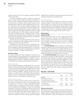 20
markets continue to be of crucial importance, holding around 20%
of the world’s wealth.
The asset management industry continued to experience
growth in 2015, despite volatility and weaker performance of
financial markets worldwide. Developed markets rebounded as
the major drivers of net inflows, while momentum slowed in some
emerging markets. Within the asset management industry, inves-
tors continued to shift from active traditional strategies to pas-
sive, multi-asset class and alternative investment strategies. The
alternative investment industry had a continued increase in assets
under management in 2015. Within alternative investments, hedge
funds recorded inflows for 2015, despite concerns over perfor-
mance due to volatility, especially in emerging markets. The larg-
est hedge funds continued to attract the majority of new assets.
Private equity funds distributed a significant amount of capital and
continued to raise additional funds.
Over the past years, European markets have been under sig-
nificant structural pressure from regulatory changes and tax regu-
larization, a trend that continued into 2015.
Profitability has come under pressure in a prolonged environ-
ment of low interest rates and reduced fee-based margins, the
need to upgrade information technology platforms, cost of compli-
ance to new regulatory demands and adjustments to the product
offerings in response to changes in client behaviors.
Business strategy
Our private banking and asset management businesses are
among the leaders by size and reputation in our target markets and
regions. International Wealth Management is expected to contrib-
ute significantly to the Group’s strategic and financial ambitions.
The following three strategic priorities will guide our decisions:
Deliver client value
We are establishing integrated coverage teams across our private
banking, investment banking and asset management businesses
in order to provide clients with holistic coverage and access to the
bank’s wide range of capabilities. We plan to leverage our invest-
ment and research capabilities, deploying solutions and products
tailored to our clients’ needs in key markets. We also intend to
address our clients’ sophisticated financing needs by investing in
additional resources and broadening our lending activities.
Enhance client proximity
Our focus on enhancing client proximity intends to capture mar-
ket share by increasing the number of our relationship manag-
ers, targeting a net increase of approximately 300 relationship
managers across our regions by the end of 2018. In addition,
we are strengthening and adapting our footprint with technology
investments at our key hubs, establishing new advisory offices and
transforming unprofitable locations towards a sustainable business
model. For lower wealth band HNWI, we plan to digitize our ser-
vice model, combining an ease of use service delivery with our
distinctive international investment offering, supported by digitally
enabled client to relationship manager interactions with a focus on
furnishing comprehensive investment advice.
Increase client time
We are making significant investments in processes and orga-
nizational changes to allow faster decision-making and shorter
time-to-market of our solutions. We are also increasing the local
market management’s accountability to empower decision making.
In addition, we plan to make investments in information technology
and automation to reduce our relationship managers’ administra-
tive tasks so that they can spend more time with their clients.
ASIA PACIFIC
Business profile
Within the Asia Pacific division we offer a wide range of financial
products and services, focusing on our UHNWI, HNWI, entre-
preneur, corporate and institutional clients. We deliver integrated
client coverage to provide connectivity and access to broader
financial markets, differentiated product offerings, and tailored
financing solutions.
Our Private Banking business combines its global reach
through other divisions with a structured advisory process, offering
a broad range of comprehensive and bespoke solutions and ser-
vices that are tailored to our clients’ complex needs. We offer our
clients digital private banking access and serve them through 590
relationship managers in 13 locations across 7 countries.
Our Investment Banking business supports our key clients
by advising on all aspects of MA transactions, corporate sales
and restructurings, divestitures and takeover defense strategies
and provides equity and debt underwriting capabilities for entre-
preneur, corporate and institutional clients. In addition, our invest-
ment banking business includes equity and fixed income sales
and trading services, and provides access to a range of debt and
equity securities, derivative products, and financing opportunities
across the capital spectrum for corporate, sovereign and institu-
tional clients.
Key data – Asia Pacific
 
					 in / end of	
 
	2015	
	 2014	
	 2013	
Key data			
		
		
Net revenues (CHF million) 
	 3,839	
	 3,335	
	 3,018	
Income before taxes (CHF million) 
	 377	
	 900	
	 752	
Assets under management (CHF billion) 
	 	
	 	
	 	
– Private Banking 
	 150.4	
	 150.5	
	 121.3	
Number of employees 
	 6,700	
	 5,900	
	 5,500	
Business environment
While equity markets in Asia Pacific were robust in 2015, particu-
larly in Hong Kong, China and India, capital markets origination in
developing Asia was subdued. Markets were driven by pronounced
volatility, particularly in China, and expectations of a US interest
Information on the company
Divisions
﻿
﻿
 