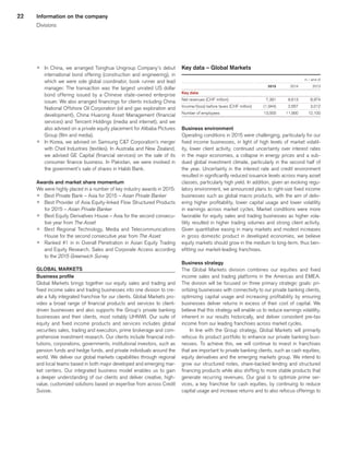 22
p	 In China, we arranged Tsinghua Unigroup Company’s debut
international bond offering (construction and engineering), in
which we were sole global coordinator, book runner and lead
manager. The transaction was the largest unrated US dollar
bond offering issued by a Chinese state-owned enterprise
issuer. We also arranged financings for clients including China
National Offshore Oil Corporation (oil and gas exploration and
development), China Huarong Asset Management (financial
services) and Tencent Holdings (media and internet), and we
also advised on a private equity placement for Alibaba Pictures
Group (film and media).
p	 In Korea, we advised on Samsung CT Corporation’s merger
with Cheil Industries (textiles). In Australia and New Zealand,
we advised GE Capital (financial services) on the sale of its
consumer finance business. In Pakistan, we were involved in
the government’s sale of shares in Habib Bank.
Awards and market share momentum
We were highly placed in a number of key industry awards in 2015:
p	 Best Private Bank – Asia for 2015 – Asian Private Banker
p	 Best Provider of Asia Equity-linked Flow Structured Products
for 2015 – Asian Private Banker
p	 Best Equity Derivatives House – Asia for the second consecu-
tive year from The Asset
p	 Best Regional Technology, Media and Telecommunications
House for the second consecutive year from The Asset
p	 Ranked #1 in in Overall Penetration in Asian Equity Trading
and Equity Research, Sales and Corporate Access according
to the 2015 Greenwich Survey
GLOBAL MARKETS
Business profile
Global Markets brings together our equity sales and trading and
fixed income sales and trading businesses into one division to cre-
ate a fully integrated franchise for our clients. Global Markets pro-
vides a broad range of financial products and services to client-
driven businesses and also supports the Group’s private banking
businesses and their clients, most notably UHNWI. Our suite of
equity and fixed income products and services includes global
securities sales, trading and execution, prime brokerage and com-
prehensive investment research. Our clients include financial insti-
tutions, corporations, governments, institutional investors, such as
pension funds and hedge funds, and private individuals around the
world. We deliver our global markets capabilities through regional
and local teams based in both major developed and emerging mar-
ket centers. Our integrated business model enables us to gain
a deeper understanding of our clients and deliver creative, high-
value, customized solutions based on expertise from across Credit
Suisse.
Key data – Global Markets
 
					 in / end of	
 
	2015	
	 2014	
	 2013	
Key data			
		
		
Net revenues (CHF million) 
	 7,391	
	 8,613	
	 8,974	
Income/(loss) before taxes (CHF million) 
	 (1,944)	
	 2,657	
	 3,012	
Number of employees 
	 13,000	
	 11,900	
	 12,100	
Business environment
Operating conditions in 2015 were challenging, particularly for our
fixed income businesses, in light of high levels of market volatil-
ity, lower client activity, continued uncertainty over interest rates
in the major economies, a collapse in energy prices and a sub-
dued global investment climate, particularly in the second half of
the year. Uncertainty in the interest rate and credit environment
resulted in significantly reduced issuance levels across many asset
classes, particularly high yield. In addition, given an evolving regu-
latory environment, we announced plans to right-size fixed income
businesses such as global macro products, with the aim of deliv-
ering higher profitability, lower capital usage and lower volatility
in earnings across market cycles. Market conditions were more
favorable for equity sales and trading businesses as higher vola-
tility resulted in higher trading volumes and strong client activity.
Given quantitative easing in many markets and modest increases
in gross domestic product in developed economies, we believe
equity markets should grow in the medium to long-term, thus ben-
efitting our market-leading franchises.
Business strategy
The Global Markets division combines our equities and fixed
income sales and trading platforms in the Americas and EMEA.
The division will be focused on three primary strategic goals: pri-
oritizing businesses with connectivity to our private banking clients,
optimizing capital usage and increasing profitability by ensuring
businesses deliver returns in excess of their cost of capital. We
believe that this strategy will enable us to reduce earnings volatility,
inherent in our results historically, and deliver consistent pre-tax
income from our leading franchises across market cycles.
In line with the Group strategy, Global Markets will primarily
refocus its product portfolio to enhance our private banking busi-
nesses. To achieve this, we will continue to invest in franchises
that are important to private banking clients, such as cash equities,
equity derivatives and the emerging markets group. We intend to
grow our structured notes, share-backed lending and structured
financing products while also shifting to more stable products that
generate recurring revenues. Our goal is to optimize prime ser-
vices, a key franchise for cash equities, by continuing to reduce
capital usage and increase returns and to also refocus offerings to
Information on the company
Divisions
﻿
﻿
 