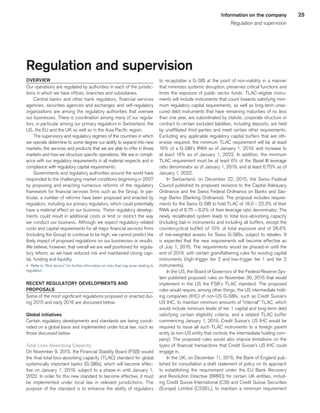 25Information on the company
Regulation and supervision
Regulation and supervision
OVERVIEW
Our operations are regulated by authorities in each of the jurisdic-
tions in which we have offices, branches and subsidiaries.
Central banks and other bank regulators, financial services
agencies, securities agencies and exchanges and self-regulatory
organizations are among the regulatory authorities that oversee
our businesses. There is coordination among many of our regula-
tors, in particular among our primary regulators in Switzerland, the
US, the EU and the UK as well as in the Asia Pacific region.
The supervisory and regulatory regimes of the countries in which
we operate determine to some degree our ability to expand into new
markets, the services and products that we are able to offer in those
markets and how we structure specific operations. We are in compli-
ance with our regulatory requirements in all material respects and in
compliance with regulatory capital requirements.
Governments and regulatory authorities around the world have
responded to the challenging market conditions beginning in 2007
by proposing and enacting numerous reforms of the regulatory
framework for financial services firms such as the Group. In par-
ticular, a number of reforms have been proposed and enacted by
regulators, including our primary regulators, which could potentially
have a material effect on our business. These regulatory develop-
ments could result in additional costs or limit or restrict the way
we conduct our business. Although we expect regulatory-related
costs and capital requirements for all major financial services firms
(including the Group) to continue to be high, we cannot predict the
likely impact of proposed regulations on our businesses or results.
We believe, however, that overall we are well positioned for regula-
tory reform, as we have reduced risk and maintained strong capi-
tal, funding and liquidity.
u 	Refer to “Risk factors” for further information on risks that may arise relating to
regulation.
RECENT REGULATORY DEVELOPMENTS AND
PROPOSALS
Some of the most significant regulations proposed or enacted dur-
ing 2015 and early 2016 are discussed below.
Global initiatives
Certain regulatory developments and standards are being coordi-
nated on a global basis and implemented under local law, such as
those discussed below.
Total Loss-Absorbing Capacity
On November 9, 2015, the Financial Stability Board (FSB) issued
the final total loss-absorbing capacity (TLAC) standard for global
systemically important banks (G-SIBs), which will become effec-
tive on January 1, 2019, subject to a phase-in until January 1,
2022. In order for this new standard to become effective, it must
be implemented under local law in relevant jurisdictions. The
purpose of the standard is to enhance the ability of regulators
to recapitalize a G-SIB at the point of non-viability in a manner
that minimizes systemic disruption, preserves critical functions and
limits the exposure of public sector funds. TLAC-eligible instru-
ments will include instruments that count towards satisfying mini-
mum regulatory capital requirements, as well as long-term unse-
cured debt instruments that have remaining maturities of no less
than one year, are subordinated by statute, corporate structure or
contract to certain excluded liabilities, including deposits, are held
by unaffiliated third parties and meet certain other requirements.
Excluding any applicable regulatory capital buffers that are oth-
erwise required, the minimum TLAC requirement will be at least
16% of a G-SIB’s RWA as of January 1, 2019, and increase to
at least 18% as of January 1, 2022. In addition, the minimum
TLAC requirement must be at least 6% of the Basel III leverage
ratio denominator as of January 1, 2019, and at least 6.75% as of
January 1, 2022.
In Switzerland, on December 22, 2015, the Swiss Federal
Council published its proposed revisions to the Capital Adequacy
Ordinance and the Swiss Federal Ordinance on Banks and Sav-
ings Banks (Banking Ordinance). The proposal includes require-
ments for the Swiss G-SIB to hold TLAC of 18.0 – 22.3% of their
RWA and of 6.75 – 8.0% of their leverage ratio denominator. The
newly recalibrated system leads to total loss-absorbing capacity
(including bail-in instruments and including all buffers, except the
countercyclical buffer) of 10% of total exposure and of 28.6%
of risk-weighted assess for Swiss G-SIBs, subject to rebates. It
is expected that the new requirements will become effective as
of July 1, 2016. The requirements would be phased-in until the
end of 2019, with certain grandfathering rules for existing capital
instruments (high-trigger tier 2 and low-trigger tier 1 and tier 2
instruments).
In the US, the Board of Governors of the Federal Reserve Sys-
tem published proposed rules on November 30, 2015 that would
implement in the US the FSB’s TLAC standard. The proposed
rules would require, among other things, the US intermediate hold-
ing companies (IHC) of non-US G-SIBs, such as Credit Suisse’s
US IHC, to maintain minimum amounts of “internal” TLAC, which
would include minimum levels of tier 1 capital and long-term debt
satisfying certain eligibility criteria, and a related TLAC buffer
commencing January 1, 2019. Credit Suisse’s US IHC would be
required to issue all such TLAC instruments to a foreign parent
entity (a non-US entity that controls the intermediate holding com-
pany). The proposed rules would also impose limitations on the
types of financial transactions that Credit Suisse’s US IHC could
engage in.
In the UK, on December 11, 2015, the Bank of England pub-
lished for consultation a draft statement of policy on its approach
to establishing the requirement under the EU Bank Recovery
and Resolution Directive (BRRD) for certain UK entities, includ-
ing Credit Suisse International (CSI) and Credit Suisse Securities
(Europe) Limited (CSSEL), to maintain a minimum requirement
﻿
﻿
 