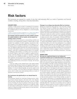 40
Risk factors
Our businesses are exposed to a variety of risks that could adversely affect our results of operations and financial
­condition, including, among others, those described below.
LIQUIDITY RISK
Liquidity, or ready access to funds, is essential to our business,
particularly our investment banking businesses. We seek to main-
tain available liquidity to meet our obligations in a stressed liquidity
environment.
u 	Refer to “Liquidity and funding management” in III – Treasury, Risk, Balance
sheet and Off-balance sheet for information on our liquidity management.
Our liquidity could be impaired if we were unable to access
the capital markets or sell our assets, and we expect our
liquidity costs to increase
Our ability to borrow on a secured or unsecured basis and the cost
of doing so can be affected by increases in interest rates or credit
spreads, the availability of credit, regulatory requirements relat-
ing to liquidity or the market perceptions of risk relating to us or
the banking sector, including our perceived or actual creditworthi-
ness. An inability to obtain financing in the unsecured long-term or
short-term debt capital markets, or to access the secured lending
markets, could have a substantial adverse effect on our liquidity.
In challenging credit markets, our funding costs may increase or
we may be unable to raise funds to support or expand our busi-
nesses, adversely affecting our results of operations. Following
the financial crisis in 2008 and 2009, our costs of liquidity have
been significant, and we expect to incur additional costs as a result
of regulatory requirements for increased liquidity and the contin-
ued challenging economic environment in Europe, the US and
elsewhere.
If we are unable to raise needed funds in the capital markets
(including through offerings of equity and regulatory capital securi-
ties), we may need to liquidate unencumbered assets to meet our
liabilities. In a time of reduced liquidity, we may be unable to sell
some of our assets, or we may need to sell assets at depressed
prices, which in either case could adversely affect our results of
operations and financial condition.
Our businesses rely significantly on our deposit base for
funding
Our businesses benefit from short-term funding sources, includ-
ing primarily demand deposits, inter-bank loans, time deposits
and cash bonds. Although deposits have been, over time, a stable
source of funding, this may not continue. In that case, our liquid-
ity position could be adversely affected and we might be unable
to meet deposit withdrawals on demand or at their contractual
maturity, to repay borrowings as they mature or to fund new loans,
investments and businesses.
Changes in our ratings may adversely affect our business
Ratings are assigned by rating agencies. They may lower, indicate
their intention to lower or withdraw their ratings at any time. The
major rating agencies remain focused on the financial services
industry, particularly on uncertainties as to whether firms that pose
systemic risk would receive government or central bank support in
a financial or credit crisis, and on such firms’ potential vulnerability
to market sentiment and confidence, particularly during periods
of severe economic stress. For example, in February 2015 Stan-
dard  Poor’s lowered its long-term credit ratings of several Euro-
pean banks, including Credit Suisse Group AG, by one notch, and
in January 2016 Moody’s lowered its long-term credit ratings of
Credit Suisse AG by one notch. Any downgrades in our assigned
ratings, including in particular our credit ratings, could increase our
borrowing costs, limit our access to capital markets, increase our
cost of capital and adversely affect the ability of our businesses to
sell or market their products, engage in business transactions –
particularly longer-term and qderivatives transactions – and retain
our clients.
MARKET RISK
We may incur significant losses on our trading and
investment activities due to market fluctuations and volatility
Although we continued to strive to reduce our balance sheet and
made significant progress in implementing our new strategy in
2015, we continue to maintain large trading and investment posi-
tions and hedges in the debt, currency and equity markets, and in
private equity, hedge funds, real estate and other assets. These
positions could be adversely affected by volatility in financial and
other markets, that is, the degree to which prices fluctuate over a
particular period in a particular market, regardless of market levels.
To the extent that we own assets, or have net long positions, in
any of those markets, a downturn in those markets could result in
losses from a decline in the value of our net long positions. Con-
versely, to the extent that we have sold assets that we do not own
or have net short positions in any of those markets, an upturn in
those markets could expose us to potentially significant losses as
we attempt to cover our net short positions by acquiring assets in
a rising market. Market fluctuations, downturns and volatility can
adversely affect the qfair value of our positions and our results of
operations. Adverse market or economic conditions or trends have
caused, and in the future may cause, a significant decline in our
net revenues and profitability.
Information on the company
Risk factors
﻿
﻿
 