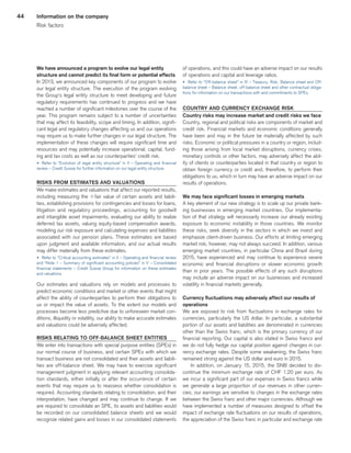 44
We have announced a program to evolve our legal entity
structure and cannot predict its final form or potential effects
In 2013, we announced key components of our program to evolve
our legal entity structure. The execution of the program evolving
the Group’s legal entity structure to meet developing and future
regulatory requirements has continued to progress and we have
reached a number of significant milestones over the course of the
year. This program remains subject to a number of uncertainties
that may affect its feasibility, scope and timing. In addition, signifi-
cant legal and regulatory changes affecting us and our operations
may require us to make further changes in our legal structure. The
implementation of these changes will require significant time and
resources and may potentially increase operational, capital, fund-
ing and tax costs as well as our counterparties’ credit risk.
u 	Refer to “Evolution of legal entity structure” in II – Operating and financial
review – Credit Suisse for further information on our legal entity structure.
RISKS FROM ESTIMATES AND VALUATIONS
We make estimates and valuations that affect our reported results,
including measuring the qfair value of certain assets and liabili-
ties, establishing provisions for contingencies and losses for loans,
litigation and regulatory proceedings, accounting for goodwill
and intangible asset impairments, evaluating our ability to realize
deferred tax assets, valuing equity-based compensation awards,
modeling our risk exposure and calculating expenses and liabilities
associated with our pension plans. These estimates are based
upon judgment and available information, and our actual results
may differ materially from these estimates.
u 	Refer to “Critical accounting estimates” in II – Operating and financial review
and “Note 1 – Summary of significant accounting policies” in V – Consolidated
financial statements – Credit Suisse Group for information on these estimates
and valuations.
Our estimates and valuations rely on models and processes to
predict economic conditions and market or other events that might
affect the ability of counterparties to perform their obligations to
us or impact the value of assets. To the extent our models and
processes become less predictive due to unforeseen market con-
ditions, illiquidity or volatility, our ability to make accurate estimates
and valuations could be adversely affected.
RISKS RELATING TO OFF-BALANCE SHEET ENTITIES
We enter into transactions with special purpose entities (SPEs) in
our normal course of business, and certain SPEs with which we
transact business are not consolidated and their assets and liabili-
ties are off-balance sheet. We may have to exercise significant
management judgment in applying relevant accounting consolida-
tion standards, either initially or after the occurrence of certain
events that may require us to reassess whether consolidation is
required. Accounting standards relating to consolidation, and their
interpretation, have changed and may continue to change. If we
are required to consolidate an SPE, its assets and liabilities would
be recorded on our consolidated balance sheets and we would
recognize related gains and losses in our consolidated statements
of operations, and this could have an adverse impact on our results
of operations and capital and leverage ratios.
u 	Refer to “Off-balance sheet” in III – Treasury, Risk, Balance sheet and Off-
balance sheet – Balance sheet, off-balance sheet and other contractual obliga-
tions for information on our transactions with and commitments to SPEs.
COUNTRY AND CURRENCY EXCHANGE RISK
Country risks may increase market and credit risks we face
Country, regional and political risks are components of market and
credit risk. Financial markets and economic conditions generally
have been and may in the future be materially affected by such
risks. Economic or political pressures in a country or region, includ-
ing those arising from local market disruptions, currency crises,
monetary controls or other factors, may adversely affect the abil-
ity of clients or counterparties located in that country or region to
obtain foreign currency or credit and, therefore, to perform their
obligations to us, which in turn may have an adverse impact on our
results of operations.
We may face significant losses in emerging markets
A key element of our new strategy is to scale up our private bank-
ing businesses in emerging market countries. Our implementa-
tion of that strategy will necessarily increase our already existing
exposure to economic instability in those countries. We monitor
these risks, seek diversity in the sectors in which we invest and
emphasize client-driven business. Our efforts at limiting emerging
market risk, however, may not always succeed. In addition, various
emerging market countries, in particular China and Brazil during
2015, have experienced and may continue to experience severe
economic and financial disruptions or slower economic growth
than in prior years. The possible effects of any such disruptions
may include an adverse impact on our businesses and increased
volatility in financial markets generally.
Currency fluctuations may adversely affect our results of
operations
We are exposed to risk from fluctuations in exchange rates for
currencies, particularly the US dollar. In particular, a substantial
portion of our assets and liabilities are denominated in currencies
other than the Swiss franc, which is the primary currency of our
financial reporting. Our capital is also stated in Swiss francs and
we do not fully hedge our capital position against changes in cur-
rency exchange rates. Despite some weakening, the Swiss franc
remained strong against the US dollar and euro in 2015.
In addition, on January 15, 2015, the SNB decided to dis-
continue the minimum exchange rate of CHF 1.20 per euro. As
we incur a significant part of our expenses in Swiss francs while
we generate a large proportion of our revenues in other curren-
cies, our earnings are sensitive to changes in the exchange rates
between the Swiss franc and other major currencies. Although we
have implemented a number of measures designed to offset the
impact of exchange rate fluctuations on our results of operations,
the appreciation of the Swiss franc in particular and exchange rate
Information on the company
Risk factors
﻿
﻿
 