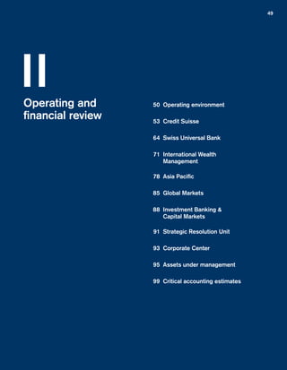 49
Operating and
financial review
	 50	 Operating environment
	 53	 Credit Suisse
	 64	 Swiss Universal Bank
	 71	 International Wealth
Management
	 78	 Asia Pacific
	 85	 Global Markets
	 88	 Investment Banking 
Capital Markets
	 91	 Strategic Resolution Unit
	 93	 Corporate Center
	 95	 Assets under management
	 99	 Critical accounting estimates
II
﻿
﻿
 