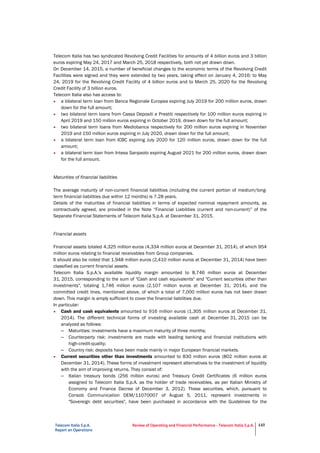 Telecom Italia S.p.A.
Report on Operations
Review of Operating and Financial Performance - Telecom Italia S.p.A. 110
Telecom Italia has two syndicated Revolving Credit Facilities for amounts of 4 billion euros and 3 billion
euros expiring May 24, 2017 and March 25, 2018 respectively, both not yet drawn down.
On December 14, 2015, a number of beneficial changes to the economic terms of the Revolving Credit
Facilities were signed and they were extended by two years, taking effect on January 4, 2016: to May
24, 2019 for the Revolving Credit Facility of 4 billion euros and to March 25, 2020 for the Revolving
Credit Facility of 3 billion euros.
Telecom Italia also has access to:
• a bilateral term loan from Banca Regionale Europea expiring July 2019 for 200 million euros, drawn
down for the full amount;
• two bilateral term loans from Cassa Depositi e Prestiti respectively for 100 million euros expiring in
April 2019 and 150 million euros expiring in October 2019, drawn down for the full amount;
• two bilateral term loans from Mediobanca respectively for 200 million euros expiring in November
2019 and 150 million euros expiring in July 2020, drawn down for the full amount;
• a bilateral term loan from ICBC expiring July 2020 for 120 million euros, drawn down for the full
amount;
• a bilateral term loan from Intesa Sanpaolo expiring August 2021 for 200 million euros, drawn down
for the full amount.
Maturities of financial liabilities
The average maturity of non-current financial liabilities (including the current portion of medium/long-
term financial liabilities due within 12 months) is 7.28 years.
Details of the maturities of financial liabilities in terms of expected nominal repayment amounts, as
contractually agreed, are provided in the Note “Financial Liabilities (current and non-current)” of the
Separate Financial Statements of Telecom Italia S.p.A. at December 31, 2015.
Financial assets
Financial assets totaled 4,325 million euros (4,334 million euros at December 31, 2014), of which 954
million euros relating to financial receivables from Group companies.
It should also be noted that 1,948 million euros (2,410 million euros at December 31, 2014) have been
classified as current financial assets.
Telecom Italia S.p.A.'s available liquidity margin amounted to 8,746 million euros at December
31, 2015, corresponding to the sum of "Cash and cash equivalents" and "Current securities other than
investments", totaling 1,746 million euros (2,107 million euros at December 31, 2014), and the
committed credit lines, mentioned above, of which a total of 7,000 million euros has not been drawn
down. This margin is amply sufficient to cover the financial liabilities due.
In particular:
• Cash and cash equivalents amounted to 916 million euros (1,305 million euros at December 31,
2014). The different technical forms of investing available cash at December 31, 2015 can be
analyzed as follows:
– Maturities: investments have a maximum maturity of three months;
– Counterparty risk: investments are made with leading banking and financial institutions with
high-credit-quality;
– Country risk: deposits have been made mainly in major European financial markets.
• Current securities other than investments amounted to 830 million euros (802 million euros at
December 31, 2014). These forms of investment represent alternatives to the investment of liquidity
with the aim of improving returns. They consist of:
– Italian treasury bonds (256 million euros) and Treasury Credit Certificates (6 million euros
assigned to Telecom Italia S.p.A. as the holder of trade receivables, as per Italian Ministry of
Economy and Finance Decree of December 3, 2012). These securities, which, pursuant to
Consob Communication DEM/11070007 of August 5, 2011, represent investments in
"Sovereign debt securities", have been purchased in accordance with the Guidelines for the
 