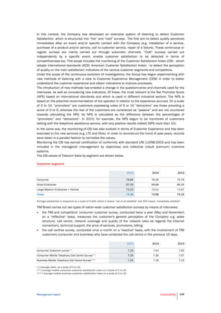 Management report Sustainability 134
In this context, the Company has developed an extensive system of listening to detect Customer
Satisfaction, which is structured into “hot” and “cold” surveys. The first aim to detect quality perceived
immediately after an event and/or specific contact with the Company (e.g. installation of a service,
purchase of a product and/or service, call to customer service, repair of a failure). These continuous or
regular surveys are mainly carried out through automatic channels. “Cold” surveys carried out
independently by a specific event, enable customer satisfaction to be detected in terms of
competitiveness too. This scope includes the monitoring of the Customer Satisfaction Index (CSI) - which
adopts international standards (ACSI, American Customer Satisfaction Index) - to detect the perception
of quality on the main satisfaction indicators of the various customer segments and competitors.
Under the scope of the continuous evolution of investigations, the Group has begun experimenting with
new methods of listening with a view to Customer Experience Management (CEM) in order to better
understand the customer experience and obtain indications to improve processes.
The introduction of new methods has entailed a change in the questionnaires and channels used for the
interviews, as well as considering new indicators. Of these, the most relevant is the Net Promoter Score
(NPS) based on international standards and which is used in different industrial sectors. The NPS is
based on the potential recommendation of the operator in relation to the experience accrued. On a scale
of 0 to 10, “promoters” are customers expressing votes of 9 or 10 “detractors” are those providing a
score of 0 to 6, whereas the rest of the customers are considered as “passive” and are not countered
towards calculating the NPS. he NPS is calculated as the difference between the percentages of
“promoters” and “detractors”. In 2015, for example, the NPS begun to be monitored of customers
talking with the telephone assistance service, with very positive results indeed (NPS more than 10).
In the same way, the monitoring of CSI has also evolved in terms of Customer Experience and has been
extended to the new services (e.g. LTE and fibre). In order to reconstruct the trend of past years, records
were taken in a parallel fashion to normalise the values.
Monitoring the CSI has earned certification of conformity with standard UNI 11098:2003 and has been
included in the managerial (management by objectives) and collective (result premium) incentive
systems.
The CSI values of Telecom Italia by segment are shown below.
Customer segment
2015 2014 2013
Consumer 76.84 76.45 75.79
Small Enterprise 67.29 66.89 66.35
Large/Medium Enterprise + Vertical 73.22 72.01 71.67
Totals 74.29 73.66 73.15
Average satisfaction is measured on a scale of 0-100, where 0 means “not at all satisfied” and 100 means “completely satisfied”.
TIM Brasil carries out two types of nation-wide customer satisfaction surveys by means of interviews:
 the TIM and competitors' consumer customer survey, conducted twice a year (May and November)
on a "reflective" basis, measures the customer's general perception of the Company e.g. sales
structure, call centre, network coverage and quality of the network (also as regards the Internet
connection), technical support, the price of services, promotions, billing;
 the call centres survey, conducted once a month on a "reactive" basis, with the involvement of TIM
customers (consumer and business) who have contacted the call centre in the previous 15 days.
2015 2014 2013
Consumer Customer survey (*) 7.29 7.54 7.92
Consumer Mobile Telephony Call Centre Survey(**) 7.25 7.30 7.47
Business Mobile Telephony Call Centre Survey(***) 7.24 7.16 7.15
(*) Average index, on a scale of 0 to 10.
(**) average mobile consumer customer satisfaction index on a Scale of 0 to 10.
(***) Average mobile business customer satisfaction index on a scale of 0 to 10.
 