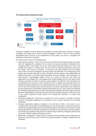 Ma
Th
Th
kn
de
pro
Th




anagement report
he Telecom It
hrough the inte
nowledge), the
evelopment pla
ofessional imp
he model mainl
Recruiting an
aimed at int
managerial s
process is th
job mobility
rules. Finally
process also
target and s
skills throug
organisation
through an in
new capabili
employer bra
order to stee
training inter
by over 8,00
Recruiting, 5
of over 2,4
employability
Onboarding
Company, en
relationship.
Individual pe
managerial s
performing a
as helping em
The process
Group, with a
Performance
behaviours)
employees.
t
talia developm
egration of all t
model aims
ans fine-tuned
provement and
ly focuses on t
nd selection: i
tegrating the
skills. In this
he creation of a
- both interna
y, the internal
o included rede
skill type. A Pe
gh a methodo
(e.g. Strategic
nternational ne
ties has, more
anding initiativ
er the training i
rnships and 78
0 young peopl
58 professional
400 applicatio
y.
programmes,
ncouraging en
erformance fe
staff and focus
a qualitative as
mployees to en
was completed
a 99.8% covera
e management
was launched
ment model
the assessmen
to ensure acc
d to the chara
growth.
he following ar
n 2015 the ne
processes for
respect, one o
a "control room
al and externa
managerial rec
efining the me
ermanent Skills
ological platfo
c Plan, Techno
etwork of expe
eover, made it
ves and on the
nvestments so
8 employer bra
e from second
l profile search
ons being rec
introduced to
ngagement an
eedback: comp
ed on providin
sessment aime
nhance their pe
d in May 2015
age of domesti
t: in March 20
, aimed at the
nt processes (r
curate knowle
acteristics of e
reas:
ew Internal an
r the internal
of the most im
m" set up to en
al - in accorda
cruiting proces
eans of suppo
s Observatory
orm driven by
ological Plan, P
erts in various s
t possible to w
e partnerships
o they fit with t
anding initiative
dary schools an
hes were carrie
ceived from
o accelerate t
d motivation,
pleted in the
g feedback on
ed at identifyin
erformance th
5 and involved
ic resources.
015 a new per
e entire compa
recruiting, perf
edge of people
each person a
nd External Re
and external
mportant featu
nsure the end-t
nce with clea
ss was system
rt and the eva
will provide u
y a series of
People Strateg
subjects. The d
work in a targe
with the world
the company re
es were set up
nd the academ
ed out through
professionals
he “time to p
which are ba
first half of
2014 perform
ng areas of stre
rough an open
around 47,900
formance eval
any population
formance, pote
e in order to
and aimed at
ecruiting proced
scouting of
ures introduce
to-end supervis
rly defined an
mized. The re-e
aluation steps
pdates on the
inputs from
gy) and from th
definition of the
ted and system
d of education
equirements. In
p in 2015, whic
ic world. With
job posting, w
motivated to
perform” of pe
asic elements
2015, it was
mances. The pro
ength and impr
discussion wit
0 non-manage
luation process
n: managers, p
Sustainability
ential, motivati
create individ
t managerial a
dure was issu
professional a
ed as part of
sion of the en
nd communica
engineering of
differentiated
e development
both within
he external wo
e development
matic way on
and academia
n this respect,
ch were attend
regard to Inter
which led to a p
o increase th
eople joining
for an endur
s aimed at n
rocess focused
rovement, as w
th their manag
erial staff from
ss (objectives a
professionals a
153
on,
ual
and
ed,
and
the
tire
ted
the
by
t of
the
orld
t of
the
a in
60
ded
rnal
pool
heir
the
ring
on-
on
well
ger.
the
and
and
 