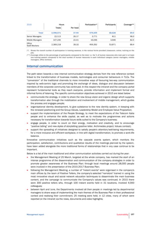 Management report Sustainability 157
2015 Hours Participation* Participants Coverage**
Totals Per head
Total 2,498,571 37.94 479,209 58,628 89.0
Senior Managers 22,113 26.17 3,771 811 96.0
Middle Managers 107,240 22.41 16,046 3,946 82.5
Office
Staff/Workers
2,369,218 39.33 459,392 53,871 89.4
(*) Shows the overall number of participation in training sessions, in the various forms provided (classroom, online, training on the
job).
(**) Coverage refers to the percentage of participants compared to the total, i.e. the % of human resources who took part in at least
one training session compared to the total number of human resources in each individual category (senior managers, middle
managers, office workers).
Internal communication
The path taken towards a new internal communication strategy derives from the new reference context
linked to the transformation of business models, technologies and consumer behaviours in TLCs. The
“conversion” of the traditional channels to more innovative ways of favouring two-way communication
inspired by web-centric logic and promoting the exchange of ideas, dialogue and discussion between
members of the corporate community has continued. In this respect the intranet and the company portal
represent fundamental tools as they reach everyone, provide information and implement formal and
informal forms of listening. The specific communication objectives achieved in 2015 are listed below:
 communicate the strategy, in order to share the new Group vision and organic design which supports
transformation also through the mobilization and involvement of middle management, which guides
the process and engages people;
 organisational identity development, to give substance to the new identity system, in keeping with
the renewed positioning and the Group Values, Leadership Model and Employee Value Proposition;
 support the implementation of the People Strategy, to meet the expectations of the Telecom Italia
people and to enhance the skills capital, as well as to motivate the programmes and actions
necessary for transformation towards future skills suited to the Company's business;
 engage people, in order to count on their energy, motivation and creativity, and to encourage
“positive telling” and new styles of storytelling (positive teller, Archimedes project, Values contest);
 support the spreading of initiatives designed to satisfy people's attention/well-being requirements,
for a more inclusive and efficient workplace, in line with digital transformation, to promote a work-life
balance.
Innovative communication initiatives such as the cascade events system, which monitors the
participation, satisfaction, contributions and qualitative results of the meetings planned by the system,
have been added alongside the more traditional forms of relationships that in any case continue to be
important.
Below is a list of the main traditional and other communication activities carried out during the year:
 the Management Meeting of 25 March, targeted at the whole company, has marked the start of an
intense programme of the dissemination and communication of the company strategies in order to
promote greater awareness of the Business Plan: through local meetings around 28,000 people
were involved in the presentation of the 2015-2017 Business Plan;
 following the Management Meeting, a number of "instant events" were organised in the company's
main offices by the team of Positive Tellers, the company's selected "narrators" trained in using the
most innovative visual and social network education techniques to disseminate the main business
content, and the campaign to communicate the Company's values was continued. In 2015 there
were 300 positive tellers who, through 100 instant events held in 31 locations, involved 4,000
colleagues;
 between April and June, the Departments involved all their people in meetings led by departmental
managers to share ways of implementing the main themes of the Business Plan in their professional
context and realising their commitment; 25 meeting were held, in 12 cities, many of which were
reported on the intranet via the news, documents and video highlights;
 
