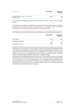 Telecom Italia Group
Consolidated Financial Statements
Note 4
Goodwill 202
(millions of euros) Core Domestic International
Wholesale
Difference between values in use and net
carrying amounts
+4,312 +88
For the Brazil CGU, following the impairment loss, the value in use was in line with the net carrying
amounts.
For the estimate of values in use, simulations were conducted on the results with respect to changes in
the relevant rate parameters. Details are provided below of the variables needed to make the
recoverable amount of the respective CGUs equal to their net carrying amount.
PARAMETERS THAT MAKE THE VALUE IN USE EQUAL TO THE CARRYING AMOUNT
Core Domestic International
Wholesale
WACC before tax 9.6% 8.8%
Capitalization rate (WACC-g)
9.1% 8.3%
Capex/Revenues, % on TV 23% 6%
In addition to the value used to determine the recoverable amount of all the Units (value in use), value
estimates were also made based on various methods, chosen from those generally accepted and based
on the best technical practices. In particular, reference values provided by the stock market prices of the
securities of the Group's listed companies were used, together with multipliers and other summary
indicators determined, on a comparative basis, from the prices of similar assets traded in regulated
markets or traded through discontinuous transactions in unregulated markets.
Concerning the value testing at overall Group level, the sum of the recoverable amounts of all the CGUs
(estimated using methods consistent with the notion of value in use or fair value) was compared against
the carrying amount of the net operating assets of the consolidated financial statements, after
appropriate adjustments to take account of the Central Functions not allocated to any CGU and the Cash
Generating Units of the Group that do not bring any goodwill (Olivetti). No impairment losses were
recorded at this additional level of impairment testing.
 