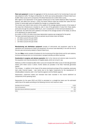 Telecom Italia Group
Consolidated Financial Statements
Note 6
Tangible assets (owned and under finance leases) 207
Plant and equipment includes the aggregate of all the structures used for the functioning of voice and
data telephone traffic. The figure at December 31, 2015 was mainly attributable to Telecom Italia S.p.A.
(8,385 million euros) and to companies of the Brazil Business Unit (1,934 million euros).
With regard to the depreciation of the passive infrastructure of the mobile telephone Base Transceiver
Stations, with effect from January 1, 2015, the Parent Telecom Italia has revised their useful life from
thirteen to twenty-eight years and applied this change on a prospective basis.
This revision was made to take account of the update of the average expected duration of the leases of
the areas that infrastructure is located on, also in view of the generation of value from these assets,
particularly through the subsidiary INWIT S.p.A., and in consideration of their technical obsolescence.
In particular, the useful lives were updated on the basis of the average duration of the leases, as well as
of an appraisal by an external expert.
As a result, in 2015, 24 million euros lower depreciation expense was recognized for the period.
The lower estimated depreciation for future periods may be broken down as follows:
• 24 million euros for the year 2016;
• 22 million euros for the year 2017;
• 19 million euros for the year 2018.
Manufacturing and distribution equipment consists of instruments and equipment used for the
operations and maintenance of plant and equipment; the amount was essentially in line with the end of
the prior year and primarily related to Telecom Italia S.p.A..
The item Other mainly consists of hardware for the functioning of the Data Center and for work stations,
furniture and fixtures and, to a minimal extent, transport vehicles and office machines.
Construction in progress and advance payments refer to the internal and external costs incurred for
the acquisition and internal production of tangible assets, which are not yet in use.
Additions in 2015 increased by 662 million euros and included 344 million euros of internally generated
assets (278 million euros in 2014). Further details are provided in the Note "Internally generated
assets".
The increase – in addition to the impact of the above-mentioned purchase of four properties, previously
held under financial leases – was mainly due to the higher investments for the development of
UltraBroadBand networks, both in the Fixed-line segment and the Mobile segment.
Depreciation, impairment losses and reversals have been recorded in the income statement as
components of the operating result.
Depreciation for the years 2015 and 2014 is calculated on a straight-line basis over the estimated
useful lives of the assets according to the following minimum and maximum rates:
Buildings (civil and industrial) 3.33%
Plant and equipment 3% - 50%
Manufacturing and distribution equipment 20%
Other 11% - 33%
 