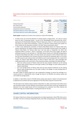 Telecom Italia Group
Consolidated Financial Statements
Note 14
Equity 230
Reconciliation between the value of outstanding shares at December 31, 2014 and December 31,
2015
(millions of euros) Share capital at
12/31/2014
Change in
share capital
Share capital at
12/31/2015
Ordinary shares issued (a) 7,409 16 7,425
less: treasury shares (b) (89) (1) (90)
Ordinary shares outstanding (c) 7,320 15 7,335
Savings shares issued and outstanding (d) 3,314 1 3,315
Total Telecom Italia S.p.A. shares capital issued (a+d) 10,723 17 10,740
Total Telecom Italia S.p.A. shares capital outstanding (c+d) 10,634 16 10,650
Share capital increased by 16 million euros mainly as a result of the following:
• 9 million euros, due to the free allocation of ordinary shares in August 2015 - at a ratio of 1 bonus
share for every 3 subscribed shares - as part of the "Broad-Based Share Ownership Plan 2014",
approved by the Shareholders' Meeting of Telecom Italia S.p.A. of April 17, 2013 and commenced in
June 2014. As a result of this transaction, a total of 17,007,927 ordinary shares were issued. For
further details see the description provided in the Note "Equity compensation plans";
• 7 million euros, following the conversion of Telecom Italia Media shares into Telecom Italia S.p.A.
shares, resulting from the capital increase to service the exchange of shares as part of the merger of
Telecom Italia Media into Telecom Italia S.p.A. that took place on September 30, 2015, with
retroactive effect to January 1, 2015. In particular, at the same time as the merger, the right of
withdrawal pursuant to law exercised on 7,553,485 ordinary shares and 1,902,484 savings shares
of Telecom Italia Media took effect, and those shares were acquired in full by Telecom Italia S.p.A.
and the other shareholders of the company that did not exercise the withdrawal right, at a unit price
of 1.055 euros for each ordinary share and 0.6032 euros for each savings share. As a result of the
merger, the Telecom Italia Media shares not held by Telecom Italia S.p.A. were exchanged with
newly-issued shares, with no par value, of the acquiring company, according to the following ratios:
– 0.66 new ordinary shares of Telecom Italia with the same dividend entitlement as the existing
Telecom Italia ordinary shares as of the date of effect of the Merger, for each ordinary share of
Telecom Italia Media;
– 0.47 new savings shares of Telecom Italia with the same dividend entitlement as the existing
Telecom Italia savings shares as of the date of effect of the Merger, for each savings share of
Telecom Italia Media.
The share capital of Telecom Italia S.p.A. was consequently increased, to service the exchange, by a
nominal amount of 7,392,540.65 euros, through the issue of 11,769,945 new ordinary shares and
1,671,038 new savings shares.
In addition, in April 2015 a total of 178,448 ordinary shares were issued in relation to the achievement
of objectives and conditions set by the regulations of the 2010-2015 Long Term Incentive Plan.
The total value of the ordinary treasury shares at December 31, 2015, amounting to 510 million euros,
was recorded as follows: the part relating to accounting par value (90 million euros) was recognized as a
deduction from share capital issued and the remaining part as a deduction from Other reserves and
retained earnings (accumulated losses), including profit (loss) for the year.
SHARE CAPITAL INFORMATION
The Telecom Italia S.p.A. ordinary and savings shares are listed respectively in Italy (FTSE index) and on
the NYSE in the form of American Depositary Shares, each ADS corresponding to 10 shares of ordinary
 