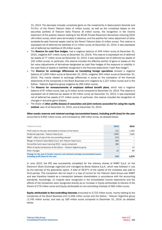 Telecom Italia Group
Consolidated Financial Statements
Note 14
Equity 232
31, 2014. The decrease includes unrealized gains on the investments in Assicurazioni Generali and
Fin.Priv. of the Parent Telecom Italia (4 million euros), as well as the unrealized losses on the
securities portfolio of Telecom Italia Finance (8 million euros), the recognition in the income
statement of the positive reserve relating to the AFLAC Private Placement derivatives maturing 2032
(44 million euros), which were terminated in advance, and the positive fair value adjustment of other
available-for-sale financial assets held by the Parent Telecom Italia (5 million euros). This reserve is
expressed net of deferred tax liabilities of 11 million euros (at December 31, 2014, it was expressed
net of deferred tax liabilities of 29 million euros).
• The Reserve for cash flow hedges, had a negative balance of 249 million euros at December 31,
2015, (negative 637 million euros at December 31, 2014). This reserve is expressed net of deferred
tax assets of 77 million euros (at December 31, 2014, it was expressed net of deferred tax assets of
242 million euros). In particular, this reserve includes the effective portion of gains or losses on the
fair value adjustments of derivatives designated as cash flow hedges of the exposure to volatility in
the cash flows of assets or liabilities recognized in the financial statements ("cash flow hedge").
• The Reserve for exchange differences on translating foreign operations showed a negative
balance of 1,459 million euros at December 31, 2015, (negative 350 million euros at December 31,
2014). This mainly related to exchange differences in euros on the translation of the financial
statements of the companies in the Brazil Business Unit (negative by 1,227 million euros) and in the
Sofora - Telecom Argentina group (negative by 266 million euros).
• The Reserve for remeasurements of employee defined benefit plans, which had a negative
balance of 87 million euros, was up 9 million euros compared to December 31, 2014. This reserve is
expressed net of deferred tax assets of 20 million euros (at December 31, 2014, it was expressed
net of deferred tax assets of 27 million euros). In particular, this reserve includes the recognition of
changes in actuarial gains (losses).
• The Share of other profits (losses) of associates and joint ventures accounted for using the equity
method, was nil at December 31, 2015, and at December 31, 2014.
Other sundry reserves and retained earnings (accumulated losses), including profit (loss) for the year
amounted to 6,992 million euros, and increased by 198 million euros, as detailed below:
(millions of euros) 2015 2014
Profit (loss) for the year attributable to Owners of the Parent (72) 1,350
Dividends approved - Telecom Italia S.p.A. (166) (166)
INWIT - effect of sale of the non-controlling interest 279 −
Merger of Telecom Italia Media S.p.A. with Telecom Italia S.p.A.. (39) −
Convertible bond issue maturing 2022 - equity component 186 −
Effect of equity transactions of the Sofora – Telecom Argentina group − 10
Other changes 10 80
Change for the year in Sundry reserves and retained earnings (accumulated losses),
including profit (loss) for the year 198 1,274
In June 2015, the IPO was successfully completed for the ordinary shares of INWIT S.p.A. on the
Electronic Stock Exchange organized and managed by Borsa Italiana S.p.A., which was followed in July
by the exercise of the greenshoe option. A total of 39.97% of the capital of the investees was sold to
third parties. This transaction did not result in a loss of control for the Telecom Italia Group over INWIT
and was therefore treated as a transaction between shareholders in accordance with the accounting
standards. Accordingly, no impacts were recognized in the consolidated income statements and the
effects of the transaction were recognized directly as an increase in Equity attributable to Owners of the
Parent of 279 million euros and Equity attributable to non-controlling interests of 560 million euros.
Equity attributable to Non-controlling interests amounted to 3,723 million euros, mainly relating to the
companies of the Brazil Business Unit (1,358 million euros) and the Sofora - Telecom Argentina group
(1,745 million euros), and was up 169 million euros compared to December 31, 2014, as detailed
below:
 