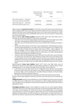 Telecom Italia Group
Consolidated Financial Statements
Note 15
Financial liabilities (non-current and current) 240
Bond Name Outstanding nominal
amount prior to the
purchase offer
(USD)
Repurchased nominal
amount
(USD)
Buyback price
Telecom Italia Capital S.A. – 1,000 million
USD, maturity June 2018, coupon 6.999% 1,000,000,000 323,356,000 111.721%
Telecom Italia Capital S.A. – 1,000 million
USD, maturity June 2019, coupon 7.175% 1,000,000,000 240,320,000 114.188%
Medium/long-term amounts due to banks of 5,778 million euros (4,812 million euros at December 31,
2014) increased by 966 million euros, mainly for bilateral term loans. Short-term amounts due to banks
totaled 1,482 million euros, increasing 208 million euros (1,274 million euros at December 31, 2014).
Short-term amounts due to banks included 696 million euros for the current portion of medium/long-
term amount due to banks.
Medium/long-term other financial payables amounted to 991 million euros (920 million euros at
December 31, 2014) and increased by 71 million euros. They included:
– 250 million euros of loans from Cassa Depositi e Prestiti taken out by Telecom Italia S.p.A. of which
100 million euros expiring April 2019 and 150 million euros expiring October 2019;
– 155 million euros of Telecom Italia Finance S.A.’s loan of 20,000 million Japanese yen expiring in
2029;
– 600.6 million USD (equivalent to 552 million euros) expiring October 2020 following the issuance
by Telecom Italia International N.V. of a Note in favor of the Fintech group for the completion of the
sale of ownership interests held by the Telecom Italia Group in Sofora - Telecom Argentina. The
Note was pledged in favor of Telecom Italia S.p.A. and Telecom Italia International N.V., as
guarantee of performance of the agreement with the Fintech group. The liability was estinguished
on March 8, 2016, following the completion of the sale.
– Short-term other financial payables amounted to 233 million euros (353 million euros at December
31, 2014), down 120 million euros. They included 111 million euros of the current portion of the
medium/long-term other financial payables, of which 92 million euros relating to the remaining
payable from the loan taken out by Telecom Italia S.p.A. with the Ministry of Economic Development
for the purchase of the rights of use for the 800, 1800 and 2600 MHz frequencies due in October
2016.
Medium/long-term finance lease liabilities totaled 2,271 million euros (984 million euros at
December 31, 2014) and mainly related to property leases accounted for using the financial method
established by IAS 17. The increase, with respect to the end of 2014, mainly consisted of:
• 1,178 million euros of the gross impact from the renegotiation and/or signing of new real estate
contracts of Telecom Italia S.p.A. that resulted in the change of classification from operating leases
to financial leases, and the remeasurement of liabilities already considered as financial leases,
following the contractual amendments made, and
• 337 million euros for the partial sale and lease back of the telecommunications towers in Brazil.
Short-term finance lease liabilities amounted to 153 million euros (169 million euros at December 31,
2014).
Hedging derivatives relating to items classified as non-current liabilities of a financial nature amounted
to 1,595 million euros (2,058 million euros at December 31, 2014). Hedging derivatives relating to
items classified as current liabilities of a financial nature totaled 84 million euros (224 million euros at
December 31, 2014).
Non-hedging derivatives relating to items classified as current and non-current financial liabilities
totaled 591 million euros (132 million euros at December 31, 2014) and consisted of 565 million euros
(111 million euros at December 31, 2014) for the value of the embedded option in the mandatory
convertible bond of 1.3 billion euros issued by Telecom Italia Finance S.A. ("Guaranteed Subordinated
Mandatory Convertible Bonds due 2016 convertible into ordinary shares of Telecom Italia S.p.A."). At
December 31, 2015 the measurement of the embedded option resulted in the recognition in the income
 