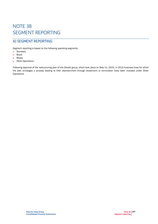 Telecom Italia Group
Consolidated Financial Statements
Note 38
Segment reporting
297
NOTE 38
SEGMENT REPORTING
A) SEGMENT REPORTING
Segment reporting is based on the following operating segments:
• Domestic
• Brazil
• Media
• Other Operations
Following approval of the restructuring plan of the Olivetti group, which took place on May 11, 2015, in 2015 business lines for which
the plan envisages a process leading to their abandonment through divestment or termination have been included under Other
Operations.
 