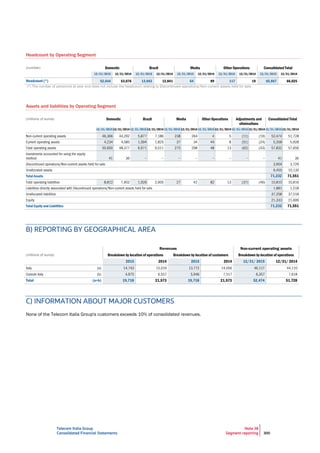 Telecom Italia Group
Consolidated Financial Statements
Note 38
Segment reporting 300
Headcount by Operating Segment
(number) Domestic Brazil Media Other Operations Consolidated Total
12/31/2015 12/31/2014 12/31/2015 12/31/2014 12/31/2015 12/31/2014 12/31/2015 12/31/2014 12/31/2015 12/31/2014
Headcount (*) 52,644 53,076 13,042 12,841 64 89 117 19 65,867 66,025
(*) The number of personnel at year end does not include the headcount relating to Discontinued operations/Non-current assets held for sale.
Assets and liabilities by Operating Segment
(millions of euros) Domestic Brazil Media Other Operations Adjustments and
eliminations
Consolidated Total
12/31/201512/31/201412/31/201512/31/201412/31/201512/31/201412/31/201512/31/201412/31/201512/31/201412/31/201512/31/2014
Total Assets 71,232 71,551
Total Equity and Liabilities 71,232 71,551
B) REPORTING BY GEOGRAPHICAL AREA
Revenues Non-current operating assets
(millions of euros) Breakdown by location of operations Breakdown by location of customers Breakdown by location of operations
2015 2014 2015 2014 12/31/ 2015 12/31/ 2014
Total (a+b) 19,718 21,573 19,718 21,573 52,474 51,728
C) INFORMATION ABOUT MAJOR CUSTOMERS
None of the Telecom Italia Group's customers exceeds 10% of consolidated revenues.
 
