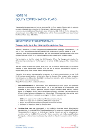 Telecom Italia Group
Consolidated Financial Statements
Note 40
Equity compensation plans 314
NOTE 40
EQUITY COMPENSATION PLANS
The equity compensation plans in force at December 31, 2015 are used by Telecom Italia for retention
purposes and as a long-term incentive for the managers and employees of the Group.
A summary is provided below of the plans in place at December 31, 2015; for further details on the
plans already in place at December 31, 2014, please refer to the consolidated financial statements of
the Telecom Italia Group at that date.
DESCRIPTION OF STOCK OPTION PLANS
Telecom Italia S.p.A. Top 2014-2016 Stock Option Plan
The Stock Option Plan 2014-2016 was approved by the Shareholders' Meeting of Telecom Italia S.p.A. of
April 16, 2014 and was initiated following the resolution of the Board of Directors of June 26, 2014.
The Plan is aimed at encouraging Management, who hold organizational positions that are crucial to the
company business, to focus on the medium/long-term growth in value of the company shares.
The beneficiaries of the Plan include the Chief Executive Officer, Top Management (including Key
Officers) and a selected part of the Management for a total of 159 employees of the Telecom Italia
Group.
The Plan covers the three-year period 2014-2016, with a maximum limit of 196,000,000 shares
available for issue. Beneficiaries identified off to the plan is launched will receive an allocation of
options based on the actual number of years of incentivization.
The option rights become exercisable after achievement of the performance conditions for the 2014-
2016 three-year period has been verified by the Board of Directors of the company called to approve
financial statements at December 31, 2016. Once they have vested, the rights can be exercised for a
period of three years (exercise period).
The performance conditions are described below:
• Total Shareholder Return of Telecom Italia which determines 50% of the options. This parameter
measures the positioning of Telecom Italia's TSR in the TSR ranking of the Benchmark Panel
consisting of: AT&T, Verizon, Telefónica, Deutsche Telekom, Orange (France Télécom), Telekom
Austria, KPN, Swisscom, British Telecom, Vodafone and Telecom Italia itself. The objective includes
different levels of achievement based on the Telecom Italia TSR's positioning in the ranking, which
corresponds to a different exercisable percentage of the Options associated to it:
– 150% of the target level for positioning in first place (maximum level);
– 100% of the target level for positioning in fifth place (target level);
– 40% of the target level for positioning in eighth place (minimum level);
– no options for positioning below the minimum level.
• Cumulated Free Cash Flow consolidated in the 2014-2016 three-year period determines the
exercisability of the remaining 50% of the allocated options. The parameter measures the Free Cash
Flow available for the payment of dividends and repaying the debt, and will be calculated as a
cumulative value for the 2014-2016 period. The Options associated with the Cumulated Free Cash
Flow objective will become exercisable according to the level of performance achieved over the three
years:
 