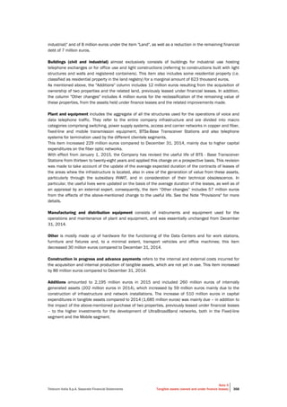 Telecom Italia S.p.A. Separate Financial Statements
Note 5
Tangible assets (owned and under finance leases) 368
industrial)" and of 8 million euros under the item "Land", as well as a reduction in the remaining financial
debt of 7 million euros.
Buildings (civil and industrial) almost exclusively consists of buildings for industrial use hosting
telephone exchanges or for office use and light constructions (referring to constructions built with light
structures and walls and registered containers). This item also includes some residential property (i.e.
classified as residential property in the land registry) for a marginal amount of 623 thousand euros.
As mentioned above, the "Additions" column includes 12 million euros resulting from the acquisition of
ownership of two properties and the related land, previously leased under financial leases. In addition,
the column "Other changes" includes 4 million euros for the reclassification of the remaining value of
these properties, from the assets held under finance leases and the related improvements made.
Plant and equipment includes the aggregate of all the structures used for the operations of voice and
data telephone traffic. They refer to the entire company infrastructure and are divided into macro
categories comprising switching, power supply systems, access and carrier networks in copper and fiber,
fixed-line and mobile transmission equipment, BTSs-Base Transceiver Stations and also telephone
systems for termination used by the different clientele segments.
This item increased 229 million euros compared to December 31, 2014, mainly due to higher capital
expenditures on the fiber optic networks.
With effect from January 1, 2015, the Company has revised the useful life of BTS - Base Transceiver
Stations from thirteen to twenty-eight years and applied this change on a prospective basis. This revision
was made to take account of the update of the average expected duration of the contracts of leases of
the areas whew the infrastructure is located, also in view of the generation of value from these assets,
particularly through the subsidiary INWIT, and in consideration of their technical obsolescence. In
particular, the useful lives were updated on the basis of the average duration of the leases, as well as of
an appraisal by an external expert. consequently, the item “Other changes” includes 57 million euros
from the effects of the above-mentioned change to the useful life. See the Note "Provisions" for more
details.
Manufacturing and distribution equipment consists of instruments and equipment used for the
operations and maintenance of plant and equipment, and was essentially unchanged from December
31, 2014.
Other is mostly made up of hardware for the functioning of the Data Centers and for work stations,
furniture and fixtures and, to a minimal extent, transport vehicles and office machines; this item
decreased 30 million euros compared to December 31, 2014.
Construction in progress and advance payments refers to the internal and external costs incurred for
the acquisition and internal production of tangible assets, which are not yet in use. This item increased
by 86 million euros compared to December 31, 2014.
Additions amounted to 2,195 million euros in 2015 and included 260 million euros of internally
generated assets (202 million euros in 2014), which increased by 59 million euros mainly due to the
construction of infrastructure and network installations. The increase of 510 million euros in capital
expenditures in tangible assets compared to 2014 (1,685 million euros) was mainly due – in addition to
the impact of the above-mentioned purchase of two properties, previously leased under financial leases
– to the higher investments for the development of UltraBroadBand networks, both in the Fixed-line
segment and the Mobile segment.
 