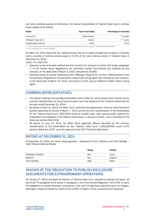 Telecom Italia Group
Report on Operations
Information for Investors 88
Holder Type of ownership Percentage of ownership
Vivendi S.A. Direct/Indirect (*) 21.39%
JPMorgan Chase & Co. Indirect (**) 2.65%
People's Bank of China Direct 2.07%
(*) Equity interest obtained following receipt of a notification by Vivendi S.A. pursuant to Article 152 octies, paragraph 7, of the Consob Issuer Regulations.
(**) Plus an additional 1.87% without voting rights.
On March 12, 2014, Blackrock Inc. notified Consob that, as an asset management company, it indirectly
held a quantity of ordinary shares equal to 4.78% of the total ordinary shares of Telecom Italia at
December 31, 2015.
Lastly, it is noted that:
• following receipt of several notifications from Vivendi S.A. pursuant to Article 152 octies, paragraph
7, of the Consob Issuer Regulations, the ownership interest held directly and indirectly by that
company, at the latest date of March 9, 2016, amounted to 24.90%;
• following receipt of several notifications from JPMorgan Chase & Co. via form 120B pursuant to the
Consob Issuer Regulations, the ownership interest with voting rights held indirectly by that company,
at the latest date of March 16, 2016, amounted to 2.14%, plus an additional 2.69% without voting
rights.
COMMON REPRESENTATIVES
• The special meeting of the savings shareholders held on May 22, 2013 elected Dario Trevisan as the
common representative for three financial years (up to the approval of the Financial statements for
the year ended December 31, 2015).
• By decree of April 11, 2014, the Milan Court confirmed the appointment of Enrico Cotta Ramusino
(already appointed by decree of March 7, 2011) as the common representative of the bondholders
for the “Telecom Italia S.p.A. 2002-2022 bonds at variable rates, open special series, reserved for
subscription by employees of the Telecom Italia Group, in service or retired”, with a mandate for the
three-year period 2014-2016.
• By decree of June 12, 2015, the Milan Court appointed Monica Iacoviello as the common
representative of the bondholders for the “Telecom Italia S.p.A. 1,250,000,000 euros 5.375
percent. Notes due 2019” up to the approval of the 2017 Financial statements.
RATING AT DECEMBER 31, 2015
At December 31, 2015, the three rating agencies — Standard & Poor's, Moody's and Fitch Ratings —
rated Telecom Italia as follows:
Rating Outlook
STANDARD & POOR'S BB+ Stable
MOODY'S Ba1 Negative
FITCH RATINGS BBB- Stable
WAIVER OF THE OBLIGATION TO PUBLISH DISCLOSURE
DOCUMENTS FOR EXTRAORDINARY OPERATIONS
On January 17, 2013, the board of directors of Telecom Italia S.p.A. resolved to exercise the option, as
per article 70 paragraph 8 and article 71 paragraph 1 bis of the Consob Regulation 11971/99, to waive
the obligations to publish disclosure documents in the event of significant operations such as mergers,
demergers, capital increases by means of the transfer of assets in kind, acquisitions and disposals.
 