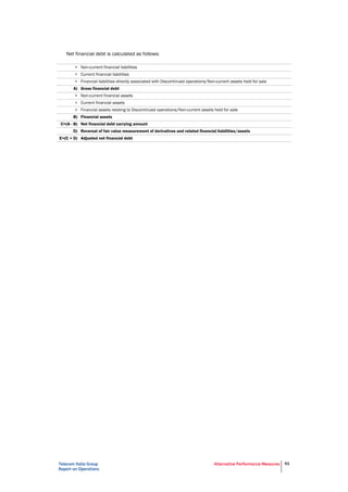 Telecom Italia Group
Report on Operations
Alternative Performance Measures 91
Net financial debt is calculated as follows:
+ Non-current financial liabilities
+ Current financial liabilities
+ Financial liabilities directly associated with Discontinued operations/Non-current assets held for sale
A) Gross financial debt
+ Non-current financial assets
+ Current financial assets
+ Financial assets relating to Discontinued operations/Non-current assets held for sale
B) Financial assets
C=(A - B) Net financial debt carrying amount
D) Reversal of fair value measurement of derivatives and related financial liabilities/assets
E=(C + D) Adjusted net financial debt
 