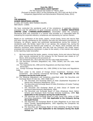 ANNEXURE [I]
Form No. MR-3
SECRETARIAL AUDIT REPORT
For The Financial Year Ended 31st
March, 2016
[Pursuant to section 204...