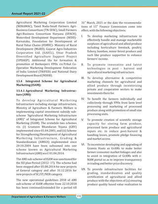 Agricultural Marketing Corporation Limited
(NERAMAC), Tamil Nadu-Small Farmers Agri-
Business Consortium (TN-SFAC), Small Farmers
Agri-Business Consortium Haryana (SFACH),
Watershed Development Department (WDD)-
Karnataka, Foundation for Development of
Rural Value Chains (FDRVC)- Ministry of Rural
Development (MoRD), Gujarat Agro-Industries
Corporation Ltd. (GAICL), Uttar Pradesh
Diversified Agriculture Support Project
(UPDASP). Additional IAs for formation &
promotion of Beekeepers FPOs viz.Tribal Co-
Operative Marketing Development Federation
of India Limited (TRIFED) and National Dairy
DevelopmentBoard(NDDB).
To develop Agricultural Marketing
Infrastructure including storage infrastructure,
Ministry of Agriculture & Farmers Welfare is
implementing capital investment subsidy sub-
scheme “Agricultural Marketing Infrastructure
(AMI)” of Integrated Scheme for Agricultural
Marketing (ISAM). The erstwhile two schemes
viz. (i) Grameen Bhandaran Yojana (GBY)
implemented since 01.04.2001, and (ii) Scheme
for Strengthening/Development of Agricultural
Marketing Infrastructure, Grading &
Standardization (AMIGS) implemented since
20.10.2004 have been subsumed into one
scheme known as Agricultural Marketing
Infrastructure(AMI)w.e.f.01.04.2014.
TheAMIsub-schemeofISAMwassanctionedfor
the XII plan Period (2012- 17). The scheme had
been stopped after 05.08.2014 for new projects
of General category and after 31.12.2016 for
newprojectsofSC/ST/NERcategory.
The new operational guidelines 2018 of AMI
sub-scheme of ISAM effective from 22.10.2018
has been continued/extended for a period till
13.4 Integrated Scheme for Agricultural
Marketing(ISAM):
13.4.1 Agricultural Marketing Infrastruc-
ture(AMI):
31 March, 2021 or the date the recommenda-
tions of 15 Finance Commission come into
effect,withthefollowingobjectives:
To develop marketing infrastructure to
effectively handle and manage marketable
surpluses of agricultural and allied produce
including horticulture livestock, poultry,
fishery, bamboo, minor forest produce and
such like produce supportive to enhance
farmers'income.
To promote innovative and latest
technologies in post - harvest and
agriculturalmarketinginfrastructure.
To develop alternative & competitive
marketing channels for agricultural and
allied produce through incentivizing
private and cooperative sectors to make
investmentstherefor.
To benefit the farmers individually and
collectively through FPOs from farm level
processing and marketing of processed
produce along with promotion of small size
processingunits.
To promote creation of scientific storage
capacity for storing farm produce,
processed farm produce and agricultural
inputs etc. to reduce post-harvest &
handling losses, promote pledge financing
andmarketaccess.
To incentivize developing and upgrading of
Gramin Haats as GrAMs to make better
farmer-consumer market linkages and also
to assist in integration of GrAMs with e-
NAM portal so as to improve transparency
intradingandbetterpricediscovery.
To provide infrastructure facilities for
grading, standardization and quality
certification of agricultural and allied
produce with the objectives of (a) ensuring
produce quality based value realization to
st
th
I.
II.
III.
IV.
V.
VI.
VII.
Annual Report 2021-22
Department of Agriculture & Farmers Welfare 132
 
