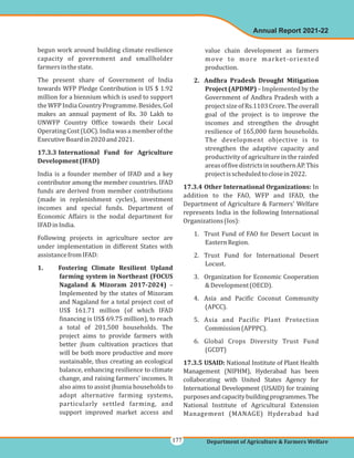 begun work around building climate resilience
capacity of government and smallholder
farmersinthestate.
The present share of Government of India
towards WFP Pledge Contribution is US $ 1.92
million for a biennium which is used to support
the WFP India Country Programme. Besides, GoI
makes an annual payment of Rs. 30 Lakh to
UNWFP Country Office towards their Local
OperatingCost(LOC).Indiawasamemberofthe
ExecutiveBoardin2020and2021.
India is a founder member of IFAD and a key
contributor among the member countries. IFAD
funds are derived from member contributions
(made in replenishment cycles), investment
incomes and special funds. Department of
Economic Affairs is the nodal department for
IFADinIndia.
Following projects in agriculture sector are
under implementation in different States with
assistancefromIFAD:
–
Implemented by the states of Mizoram
and Nagaland for a total project cost of
US$ 161.71 million (of which IFAD
financing is US$ 69.75 million), to reach
a total of 201,500 households. The
project aims to provide farmers with
better jhum cultivation practices that
will be both more productive and more
sustainable, thus creating an ecological
balance, enhancing resilience to climate
change, and raising farmers' incomes. It
also aims to assist jhumia households to
adopt alternative farming systems,
particularly settled farming, and
support improved market access and
17.3.3 International Fund for Agriculture
Development(IFAD)
1. Fostering Climate Resilient Upland
farming system in Northeast (FOCUS
Nagaland & Mizoram 2017-2024)
value chain development as farmers
move to more market-oriented
production.
– Implementedby the
Government of Andhra Pradesh with a
projectsizeofRs.1103Crore.Theoverall
goal of the project is to improve the
incomes and strengthen the drought
resilience of 165,000 farm households.
The development objective is to
strengthen the adaptive capacity and
productivity of agriculture in the rainfed
areasoffivedistrictsinsouthernAP.This
projectisscheduledtoclosein2022.
In
addition to the FAO, WFP and IFAD, the
Department of Agriculture & Farmers' Welfare
represents India in the following International
Organizations(Ios):
1. Trust Fund of FAO for Desert Locust in
EasternRegion.
2. Trust Fund for International Desert
Locust.
3. Organization for Economic Cooperation
&Development(OECD).
4. Asia and Pacific Coconut Community
(APCC).
5. Asia and Pacific Plant Protection
Commission(APPPC).
6. Global Crops Diversity Trust Fund
(GCDT)
National Institute of Plant Health
Management (NIPHM), Hyderabad has been
collaborating with United States Agency for
International Development (USAID) for training
purposesandcapacitybuildingprogrammes.The
National Institute of Agricultural Extension
Management (MANAGE) Hyderabad had
2. Andhra Pradesh Drought Mitigation
Project (APDMP)
17.3.4 Other International Organizations:
17.3.5 USAID:
Annual Report 2021-22
Department of Agriculture & Farmers Welfare
177
 