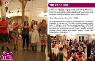 The Crop Hop
In 2013, we launched our first annual Crop Hop, a square dance
fundraiser for RAFI's Farm Sustainability Program. The community
event brought together farmers and residents from around North
Carolina to celebrate sustainable agriculture and innovation!
About 300 people attended, raising $13,000.
We are grateful to all of our sponsors for their generous contributions
in support of RAFI and The Crop Hop: Fearrington Village, Organic
Valley, First Citizens Bank, The Abundance Foundation, INDY Week,
Grapevine Realty Services, Lisa London CPA, New Belgium Brewing,
Riley MacLean Photography, Lindley Farms Creamery, Fullsteam
Brewery, Carolina Brewery, Sierra Nevada Brewing Co, Goat Lady
Dairy, Chatham Marketplace.
 