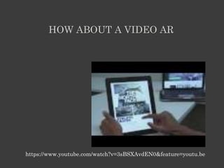 https://www.youtube.com/watch?v=3sBSXAvdEN0&feature=youtu.be
HOW ABOUT A VIDEO AR
 