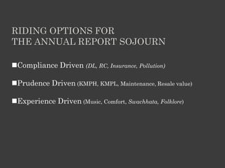 RIDING OPTIONS FOR
THE ANNUAL REPORT SOJOURN
Compliance Driven (DL, RC, Insurance, Pollution)
Prudence Driven (KMPH, KMPL, Maintenance, Resale value)
Experience Driven (Music, Comfort, Swachhata, Folklore)
 