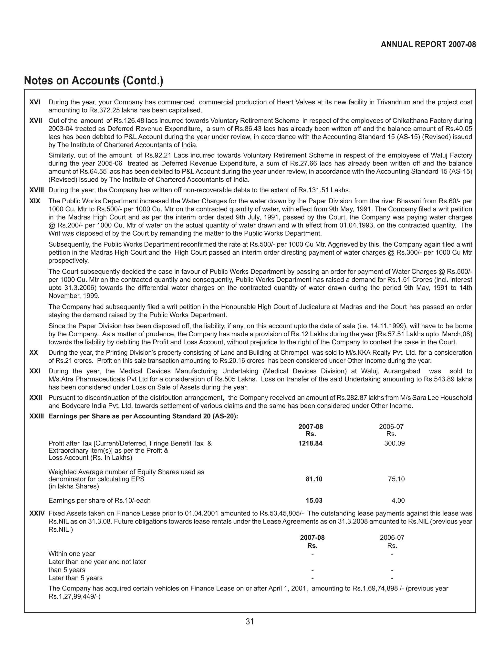 31
ANNUAL REPORT 2007-08
XVI During the year, your Company has commenced commercial production of Heart Valves at its new facility in Trivandrum and the project cost
amounting to Rs.372.25 lakhs has been capitalised.
XVII Out of the amount of Rs.126.48 lacs incurred towards Voluntary Retirement Scheme in respect of the employees of Chikalthana Factory during
2003-04 treated as Deferred Revenue Expenditure, a sum of Rs.86.43 lacs has already been written off and the balance amount of Rs.40.05
lacs has been debited to P&L Account during the year under review, in accordance with the Accounting Standard 15 (AS-15) (Revised) issued
by The Institute of Chartered Accountants of India.
Similarly, out of the amount of Rs.92.21 Lacs incurred towards Voluntary Retirement Scheme in respect of the employees of Waluj Factory
during the year 2005-06 treated as Deferred Revenue Expenditure, a sum of Rs.27.66 lacs has already been written off and the balance
amount of Rs.64.55 lacs has been debited to P&L Account during the year under review, in accordance with the Accounting Standard 15 (AS-15)
(Revised) issued by The Institute of Chartered Accountants of India.
XVIII During the year, the Company has written off non-recoverable debts to the extent of Rs.131.51 Lakhs.
XIX The Public Works Department increased the Water Charges for the water drawn by the Paper Division from the river Bhavani from Rs.60/- per
1000 Cu. Mtr to Rs.500/- per 1000 Cu. Mtr on the contracted quantity of water, with effect from 9th May, 1991. The Company ﬁled a writ petition
in the Madras High Court and as per the interim order dated 9th July, 1991, passed by the Court, the Company was paying water charges
@ Rs.200/- per 1000 Cu. Mtr of water on the actual quantity of water drawn and with effect from 01.04.1993, on the contracted quantity. The
Writ was disposed of by the Court by remanding the matter to the Public Works Department.
Subsequently, the Public Works Department reconﬁrmed the rate at Rs.500/- per 1000 Cu Mtr. Aggrieved by this, the Company again ﬁled a writ
petition in the Madras High Court and the High Court passed an interim order directing payment of water charges @ Rs.300/- per 1000 Cu Mtr
prospectively.
The Court subsequently decided the case in favour of Public Works Department by passing an order for payment of Water Charges @ Rs.500/-
per 1000 Cu. Mtr on the contracted quantity and consequently, Public Works Department has raised a demand for Rs.1.51 Crores (incl. interest
upto 31.3.2006) towards the differential water charges on the contracted quantity of water drawn during the period 9th May, 1991 to 14th
November, 1999.
The Company had subsequently ﬁled a writ petition in the Honourable High Court of Judicature at Madras and the Court has passed an order
staying the demand raised by the Public Works Department.
Since the Paper Division has been disposed off, the liability, if any, on this account upto the date of sale (i.e. 14.11.1999), will have to be borne
by the Company. As a matter of prudence, the Company has made a provision of Rs.12 Lakhs during the year (Rs.57.51 Lakhs upto March,08)
towards the liability by debiting the Proﬁt and Loss Account, without prejudice to the right of the Company to contest the case in the Court.
XX During the year, the Printing Division’s property consisting of Land and Building at Chrompet was sold to M/s.KKA Realty Pvt. Ltd. for a consideration
of Rs.21 crores. Proﬁt on this sale transaction amounting to Rs.20.16 crores has been considered under Other Income during the year.
XXI During the year, the Medical Devices Manufacturing Undertaking (Medical Devices Division) at Waluj, Aurangabad was sold to
M/s.Atra Pharmaceuticals Pvt Ltd for a consideration of Rs.505 Lakhs. Loss on transfer of the said Undertaking amounting to Rs.543.89 lakhs
has been considered under Loss on Sale of Assets during the year.
XXII Pursuant to discontinuation of the distribution arrangement, the Company received an amount of Rs.282.87 lakhs from M/s Sara Lee Household
and Bodycare India Pvt. Ltd. towards settlement of various claims and the same has been considered under Other Income.
XXIII Earnings per Share as per Accounting Standard 20 (AS-20):
2007-08 2006-07
Rs. Rs.
Proﬁt after Tax [Current/Deferred, Fringe Beneﬁt Tax & 1218.84 300.09
Extraordinary item(s)] as per the Proﬁt &
Loss Account (Rs. In Lakhs)
Weighted Average number of Equity Shares used as
denominator for calculating EPS 81.10 75.10
(in lakhs Shares)
Earnings per share of Rs.10/-each 15.03 4.00
XXIV Fixed Assets taken on Finance Lease prior to 01.04.2001 amounted to Rs.53,45,805/- The outstanding lease payments against this lease was
Rs.NIL as on 31.3.08. Future obligations towards lease rentals under the Lease Agreements as on 31.3.2008 amounted to Rs.NIL (previous year
Rs.NIL )
2007-08 2006-07
Rs. Rs.
Within one year - -
Later than one year and not later
than 5 years - -
Later than 5 years - -
The Company has acquired certain vehicles on Finance Lease on or after April 1, 2001, amounting to Rs.1,69,74,898 /- (previous year
Rs.1,27,99,449/-)
Notes on Accounts (Contd.)
 