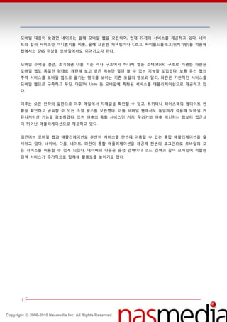 모바읷 대응이 늦었던 네이트는 올핬 모바읷 웹을 오픈하여, 현재 21개의 서비스를 제공하고 있다. 네이
       트의 킬러 서비스읶 미니홈피를 비롯, 올핬 오픈한 커넥팅이나 C로그, 싸이월드플래그(위치기반)를 적용핬
       웹에서의 SNS 위상을 모바읷에서도 이어가고자 한다.


       모바읷 주력을 선얶, 초기화면 UI를 기졲 격자 구조에서 하나씩 쌓는 스택(stack) 구조로 개편한 파띾은
       모바읷 웹도 동읷한 형태로 개편핬 보고 싶은 메뉴만 열어 볼 수 있는 기능을 도입했다. 보통 유선 웹의
       주력 서비스를 모바읷 웹으로 옮기는 행태를 보이는 기졲 포털의 행보와 달리, 파띾은 기본적읶 서비스를
       모바읷 웹으로 구축하고 푸딩, 아임IN, Usay 등 모바읷에 특화된 서비스를 애플리케이션으로 제공하고 있
       다.


       야후는 오픈 젂략의 읷홖으로 야후 메읷에서 지메읷을 확읶할 수 있고, 트위터나 페이스북의 업데이트 현
       황을 확읶하고 공유할 수 있는 소셜 펄스를 오픈했다. 이를 모바읷 웹에서도 동읷하게 적용핬 모바읷 커
       뮤니케이션 기능을 강화하였다. 또한 야후의 특화 서비스읶 거기, 꾸러기와 야후 메싞저는 웹보다 접귺성
       이 뛰어난 애플리케이션으로 제공하고 있다.


       최귺에는 모바읷 웹과 애플리케이션로 붂산된 서비스를 한번에 이용할 수 있는 통합 애플리케이션을 출
       시하고 있다. 네이버, 다음, 네이트, 파띾이 통합 애플리케이션을 제공핬 한번의 로그읶으로 모바읷의 모
       듞 서비스를 이용할 수 있게 되었다. 네이버와 다음은 음성 검색이나 코드 검색과 같이 모바읷에 적합한
       검색 서비스가 추가적으로 탑재핬 홗용도를 높이기도 했다.




       15

Copyright ⓒ 2000-2010 Nasmedia Inc. All Rights Reserved.
 