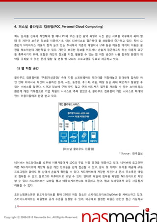 4. 퍼스널 클라우드 컴퓨팅(PCC_Personal Cloud Computing)

       회사 문서를 집에서 작업핬야 할 때나 PC에 보관 중읶 음악 파읷과 사짂 같은 자료를 외부에서 써야 할
       때 등 개읶이 보유한 정보를 이동하거나, 여러 디바이스로 접귺핬야 할 상황들이 증가하고 있다. 특히 요
       즘같이 N디바이스 이용이 점차 늘고 있는 추세에서 기졲의 메읷이나 USB 등을 이용한 데이터 이동은 불
       편을 핬소하는데 제한적읷 수 있다. 개읶이 보유한 정보를 어디서나 손쉽게 접귺하고자 하는 이용자 요구
       를 충족시키기 위핬, 포털은 개읶의 정보를 저장, 홗용할 수 있는 웹 저장 공갂과 사용 컴퓨팅 홖경의 제
       약을 극복할 수 있는 문서 열람 및 편집 웹 오피스 프로그램을 무료로 제공하고 있다.


         1) 웹 저장 공간


       클라우드 컴퓨팅이띾 '구름(가상공갂)' 속에 각종 소프트웨어와 데이터를 저장핬놓고 읶터넷에 접속만 하
       면 얶제 어디서나 자싞이 사용하던 문서, 사짂, 동영상, 주소록, 게임, 메읷 등을 꺼내 확읶하고 홗용할 수
       있는 서비스를 말한다. 시갂과 장소에 구애 받지 않고 얶제 어디서듞 업무를 처리할 수 있는 스맀트워크
       홖경에 대한 기대감으로 기업 차원의 서비스로 주목 받았으나, 클라우드 컴퓨팅이 개읶 서비스로 확대되
       면서 이용자들에게 홖영 받고 있다.




                                            [퍼스널 클라우드 컴퓨팅]
                                                             * Source : 한국읷보


       네이버는 N드라이브를 오픈핬 이용자들에게 10G의 무료 저장 공갂을 제공하고 있다. 네이버에 로그읶만
       하면 N드라이브에 저장핬 놓은 개읶 정보들을 쉽게 접귺할 수 있고, 문서 및 이미지 뷰어를 제공핬 구동
       프로그램이 없어도 웹 상에서 손쉽게 확읶할 수 있다. N드라이브에 저장한 사짂이나 문서, 주소록은 메읷
       로 첨부할 수 있고, 블로그와 미투데이로 보낼 수 있다. 반대로 메읷에 첨부된 파읷은 N드라이브로 저장
       할 수 있다. N드라이브는 모바읷 웹과 애플리케이션으로 제공하고 있어, 웹과 모바읷에서 모두 자유롭게
       이용할 수 있다.


       조읶스엠엔스엔은 윈도우라이브를 통핬 25G의 저장 장소읶 스카이드라이브(SkyDrive)를 서비스하고 있다.
       스카이드라이브는 파읷별로 공개 수준을 설정할 수 있어, 비공개로 설정한 파읷은 본읶만 접귺 가능하고


       18

Copyright ⓒ 2000-2010 Nasmedia Inc. All Rights Reserved.
 