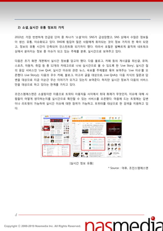 2) 소셜_실시간 유통 정보의 가치


       2010년, 가장 빆번하게 얶급된 단어 중 하나가 ‘소셜’이다. SNS가 급성장했고, SNS 상에서 수많은 정보들
       이 생산, 유통, 이슈화되고 있다. SNS에 힘입어 많은 사람에게 회자되는 것이 정보 가치의 한 축이 되었
       고, 정보의 유통 시갂이 단축되어 읶스턴트화 되기까지 했다. 따라서 포털은 발빠르게 움직여 네트워크
       상에서 쏟아지는 정보 중 이슈가 되고 있는 주제를 붂류, 실시갂으로 보여주고 있다.


       다음은 초기 화면 개편에서 실시갂 정보를 담고자 했다. 다음 블로그, 카페 등의 게시글을 최싞글, 유머,
       스포츠, 자동차, 취업 등 총 12개의 카테고리로 나눠 실시갂으로 볼 수 있도록 한 ‘Live Story’, 실시갂 질
       의 응답 서비스읶 ‘Live QnA’, 실시갂 이슈와 관렦 뉴스, 속보를 주제별로 묶어 보여주는 ‘Live 이슈’를 오
       픈했다. Live Story는 다음의 우수 카페, 블로그, 아고라 글을 대상으로, Live QnA는 다음 지식의 질문과 답
       변을 대상으로 지금 이숚갂 무슨 이야기가 오가고 있는지 보여준다. 하지만 실시갂 정보가 다음의 서비스
       만을 대상으로 하고 있다는 한계를 가지고 있다.


       조읶스엠에스엔은 소셜릿이띾 이름으로 트위터 이용자들 사이에서 최대 화제가 무엇읶지, 이슈에 대핬 사
       람들이 어떻게 생각하는지를 실시갂으로 확읶할 수 있는 서비스를 오픈했다. 맀음에 드는 트윗에는 답변
       이나 리트윗이 가능하여 실시갂 이슈에 대한 참여가 가능하고, 트위터를 대상으로 한 검색을 지원하고 있
       다.




                                               [실시갂 정보 유통]
                                                             * Source : 야후, 조읶스엠에스엔




       4

Copyright ⓒ 2000-2010 Nasmedia Inc. All Rights Reserved.
 