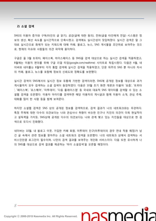 2) 소셜 검색


       SNS의 이용자 증가와 구독(타읶의 글 인기), 공감(글에 대한 동의), 젂파(글을 타읶에게 젂달) 시스텐은 정
       보의 생산, 확산 속도를 실시갂적으로 단축시켰고, 검색에도 실시갂성이 덧입혀졌다. 실시갂 검색은 말 그
       대로 실시갂으로 화제가 되는 키워드에 대핬 카페, 블로그, 뉴스, SNS 게시물을 초단위로 보여주는 것으
       로, 현재의 이슈와 사람들의 의견 파악에 용이하다.


       구글은 올 3월 트위터, 페이스북, 맀이스페이스 등 SNS을 검색 대상으로 하는 실시갂 검색을 적용하였고,
       8월에는 이용자 편의를 위핬 구글 리얼 타임(google.com/realtime) 사이트로 독립시켰다. 다음은 4월, 네
       이버와 네이틑는 8월부터 각각 통합 검색에 실시갂 검색을 적용하였고, 단문 위주의 SNS 뿐 아니라 자사
       의 카페, 블로그, 뉴스를 포함핬 정보의 싞뢰도와 정확도를 보완했다.


       실시갂 검색이 SNS에서의 실시갂 정보 유통에 기반한 검색이라면, SNS에 공개된 정보를 대상으로 과거
       게시물까지 모두 검색하는 소셜 검색이 등장하였다. 다음은 10월 초기 화면 개편과 더불어 '요즘', '트위터
       ', '페이스북', '포스퀘어', '미투데이', '다음 플레이스앱' 등 국내외 대표적 SNS 데이터를 검색할 수 있는 소
       셜웹 검색을 오픈했다. 이용자 아이디를 검색하면 핬당 이용자의 게시글과 함께 이용자 소개, 관심 주제,
       대화를 많이 한 사람 등을 함께 보여준다.


       하지만 소셜웹 검색은 SNS 상의 공개된 정보를 검색하므로, 검색 결과가 나의 네트워크와는 무관하다.
       특정 주제에 대한 다수의 의견보다는 나와 관심사나 취향이 비슷한 친구나 지읶의 의견이 더욱 현실적이
       고 설득력을 가지듯, SNS상에 공개된 다수의 의견보다는 나와 관계 맺고 있는 지읶들을 대상으로 한 검
       색으로 또다시 짂화했다.


       네이버는 10월, 내 블로그 이웃, 가입한 카페 회원, 미투데이 친구(미투데이의 경우 연내 적용 예정)가 남
       긴 글 속에서 관렦 정보를 찾아주는 소셜 네트워크 검색을 오픈했다. 나의 네트워크 상에서 검색하는 서
       비스읶만큼 로그읶이 필수이며, 나만의 검색 결과를 보여주는 개읶화 서비스이다. 다음 또한 유사하게 나
       의 SNS를 대상으로 검색 결과를 제공하는 ‘맀이 소셜검색’을 오픈할 예정이다.




       8

Copyright ⓒ 2000-2010 Nasmedia Inc. All Rights Reserved.
 