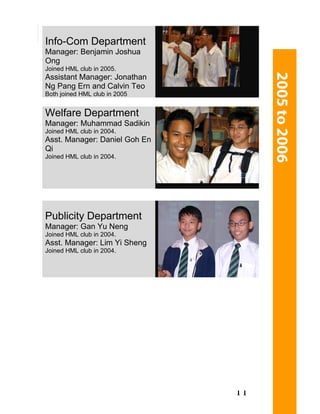 Info-Com Department
Manager: Benjamin Joshua
Ong
Joined HML club in 2005.
Assistant Manager: Jonathan
Ng Pang Ern and Calvin Teo
Both joined HML club in 2005


Welfare Department
Manager: Muhammad Sadikin
Joined HML club in 2004.
Asst. Manager: Daniel Goh En
Qi
Joined HML club in 2004.




Publicity Department
Manager: Gan Yu Neng
Joined HML club in 2004.
Asst. Manager: Lim Yi Sheng
Joined HML club in 2004.




                               11
 