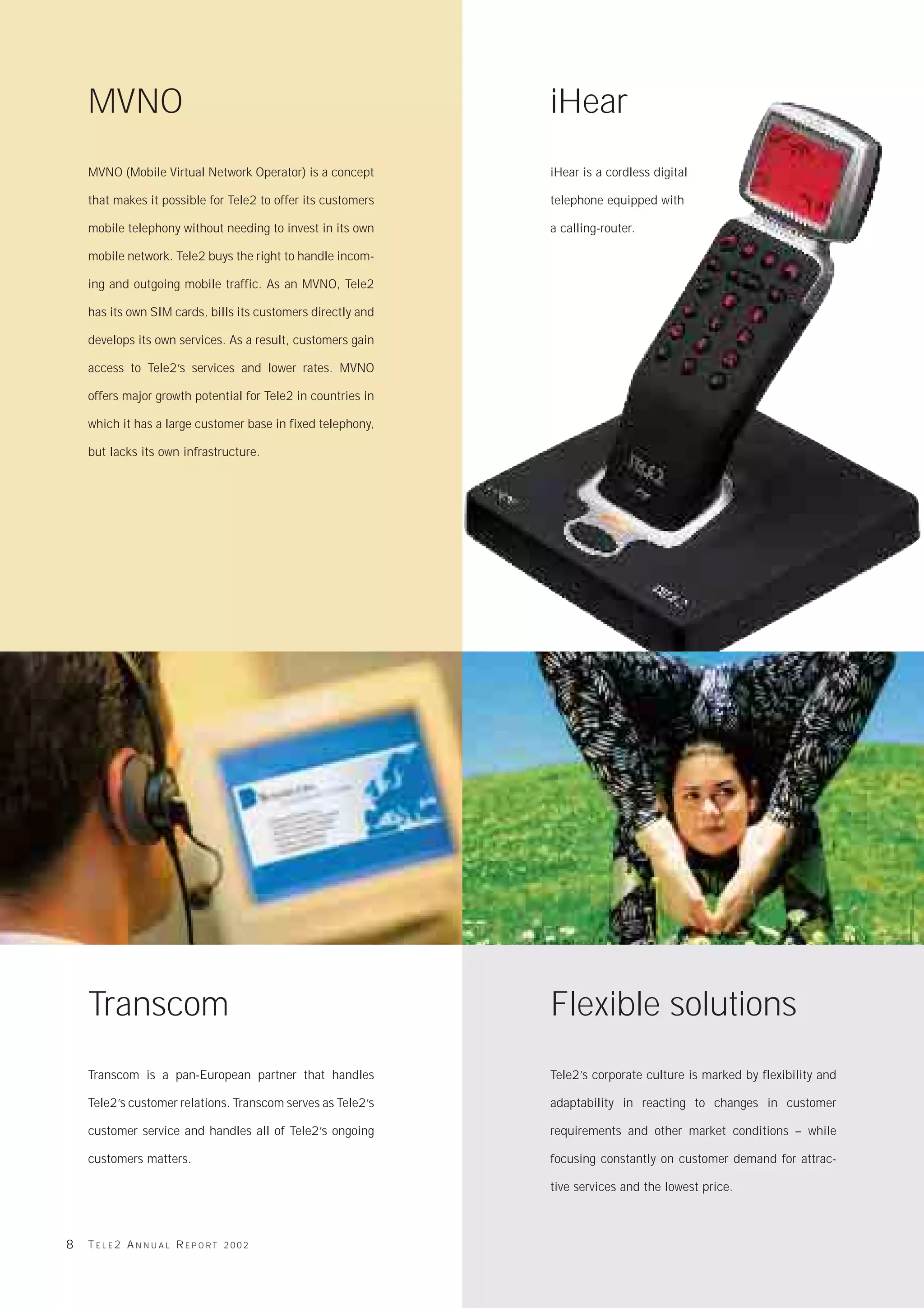 MVNO                                                      iHear
    MVNO (Mobile Virtual Network Operator) is a concept       iHear is a cordless digital

    that makes it possible for Tele2 to offer its customers   telephone equipped with

    mobile telephony without needing to invest in its own     a calling-router.

    mobile network. Tele2 buys the right to handle incom-

    ing and outgoing mobile traffic. As an MVNO, Tele2

    has its own SIM cards, bills its customers directly and

    develops its own services. As a result, customers gain

    access to Tele2’s services and lower rates. MVNO

    offers major growth potential for Tele2 in countries in

    which it has a large customer base in fixed telephony,

    but lacks its own infrastructure.




    Transcom                                                  Flexible solutions
    Transcom is a pan-European partner that handles           Tele2’s corporate culture is marked by flexibility and

    Tele2’s customer relations. Transcom serves as Tele2’s    adaptability in reacting to changes in customer

    customer service and handles all of Tele2’s ongoing       requirements and other market conditions – while

    customers matters.                                        focusing constantly on customer demand for attrac-

                                                              tive services and the lowest price.



8   TELE2 ANNUAL REPORT 2002
 
